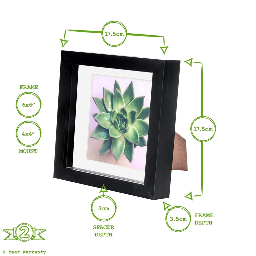 6 x 6 Black 3D Box Photo Frame - with 4 x 4 Mount