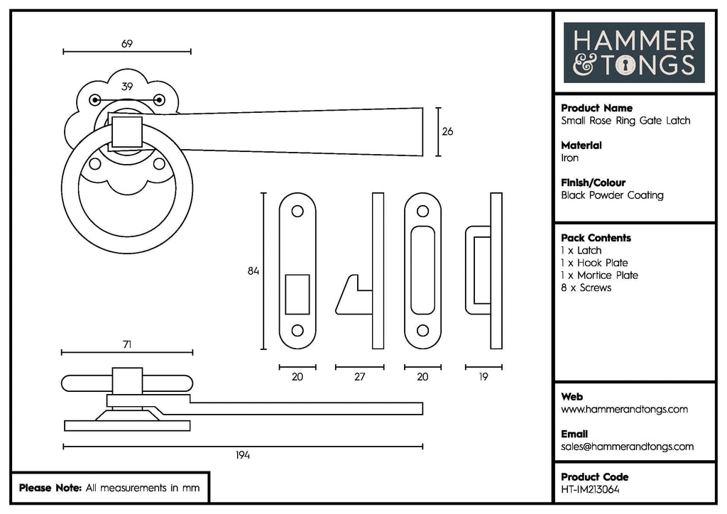 195mm Black Rose Ring Gate Latch