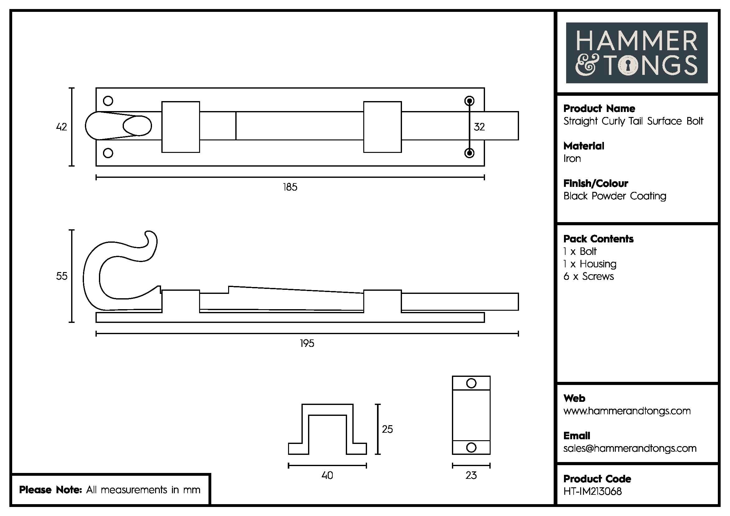 185mm Black Straight Shepherd's Crook Surface Bolt