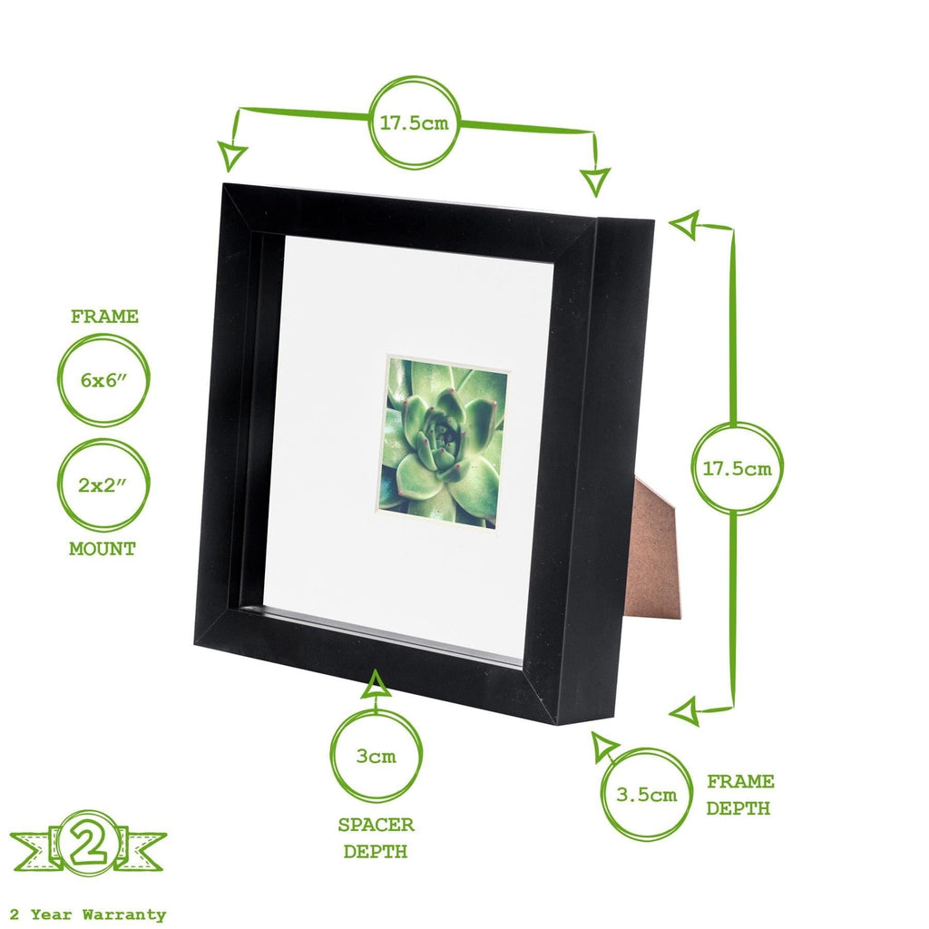 6 x 6 Black 3D Box Photo Frame - with 2 x 2 Mount