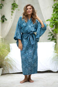 Artisan Crafted Long Batik Cotton Robe for Women - Blue Forest