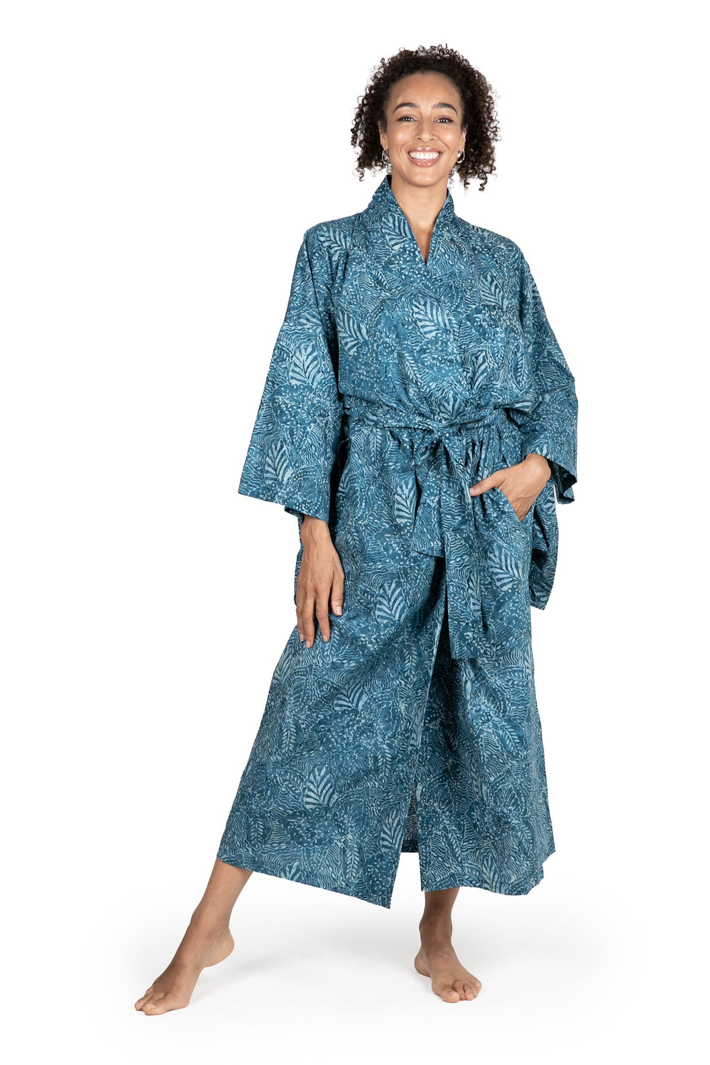 Artisan Crafted Long Batik Cotton Robe for Women - Blue Forest
