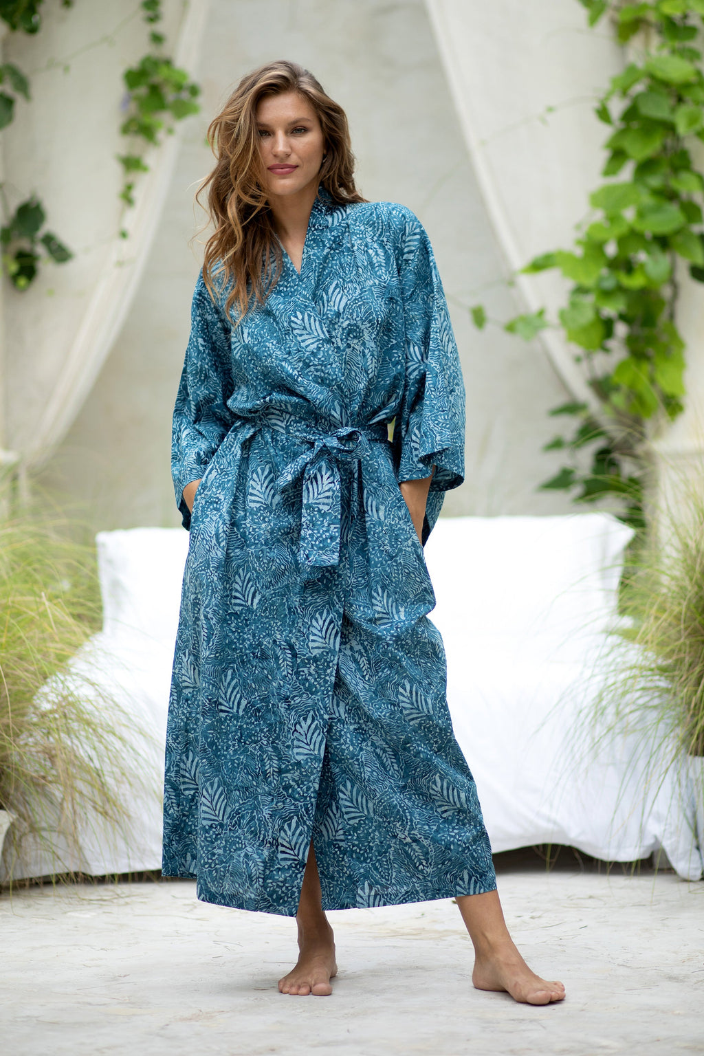 Artisan Crafted Long Batik Cotton Robe for Women - Blue Forest