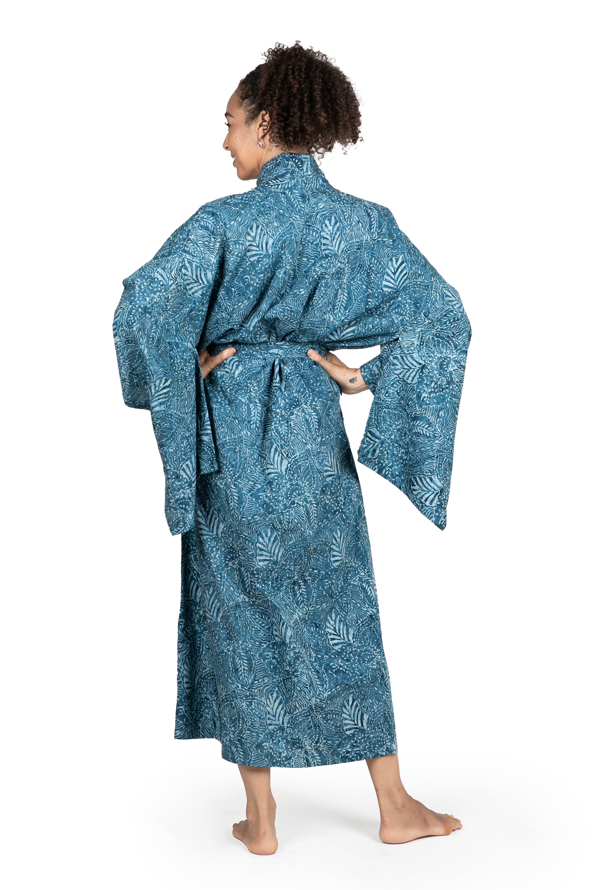 Artisan Crafted Long Batik Cotton Robe for Women - Blue Forest