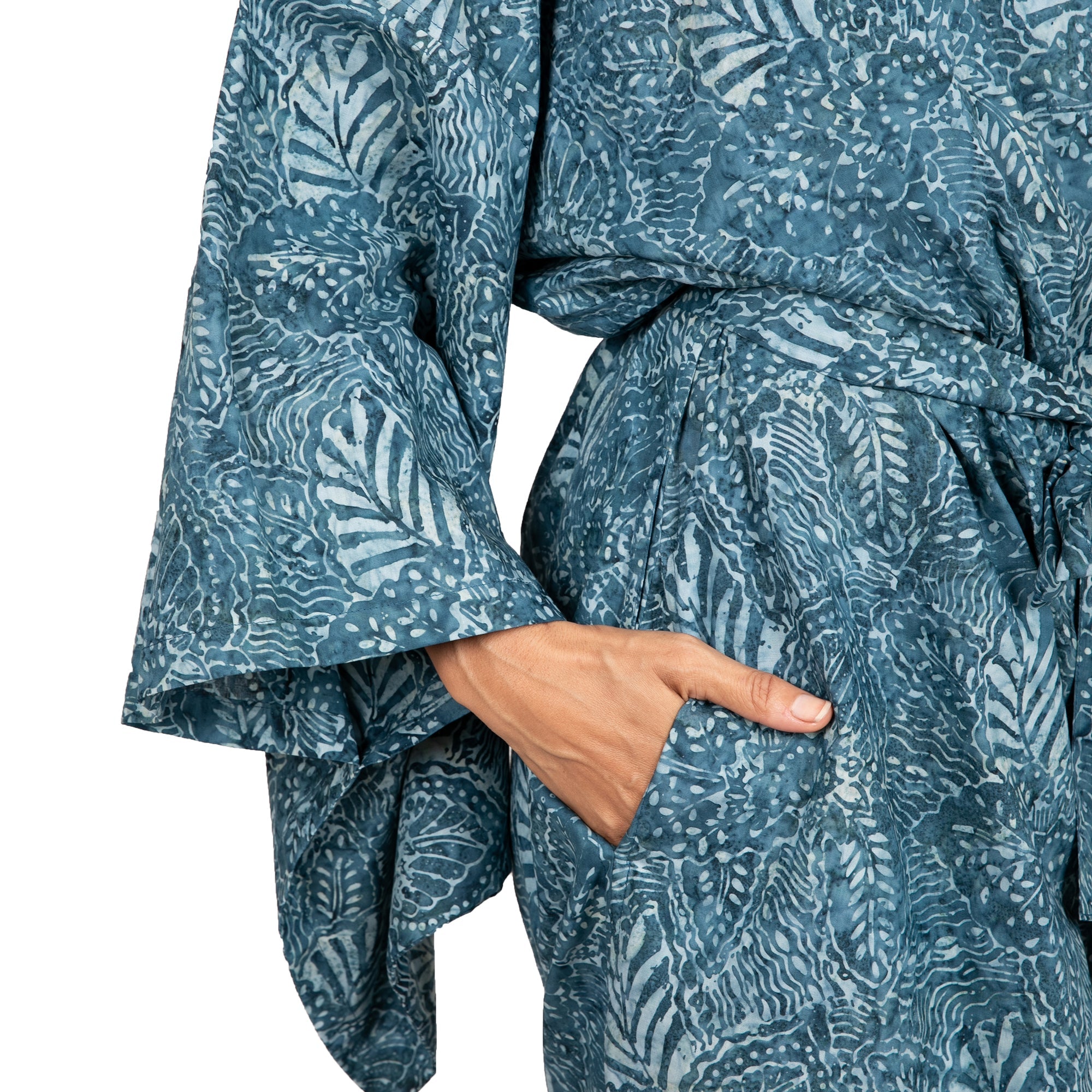 Artisan Crafted Long Batik Cotton Robe for Women - Blue Forest