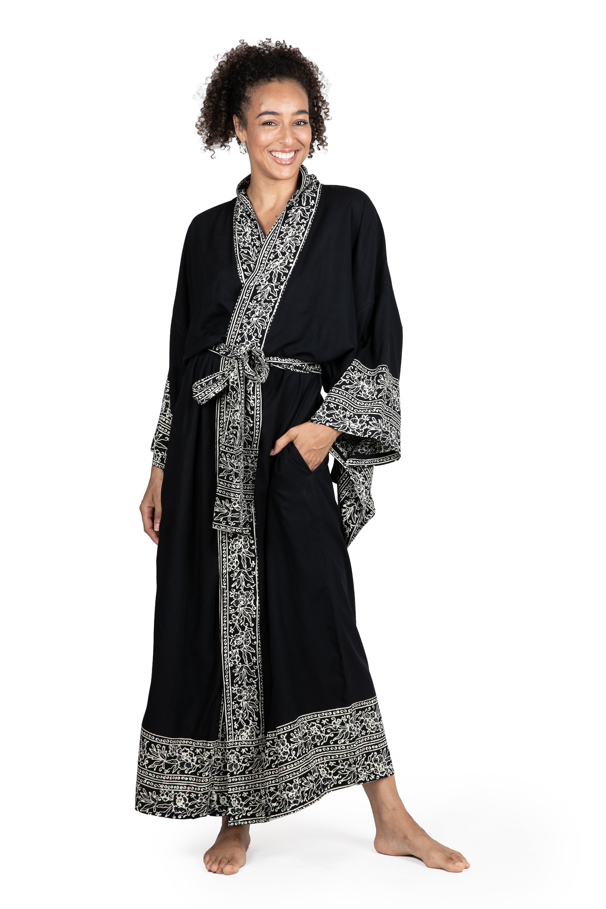 Indonesian Floral Patterned Black and Ivory Robe - Batik Midnight