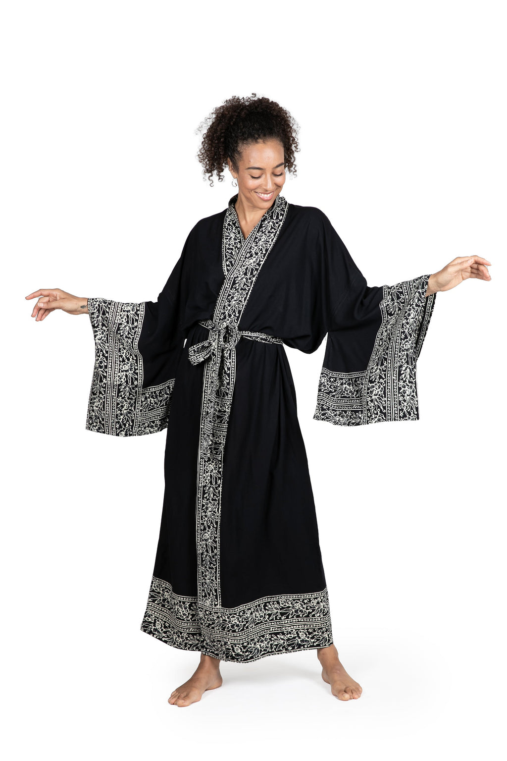 Indonesian Floral Patterned Black and Ivory Robe - Batik Midnight