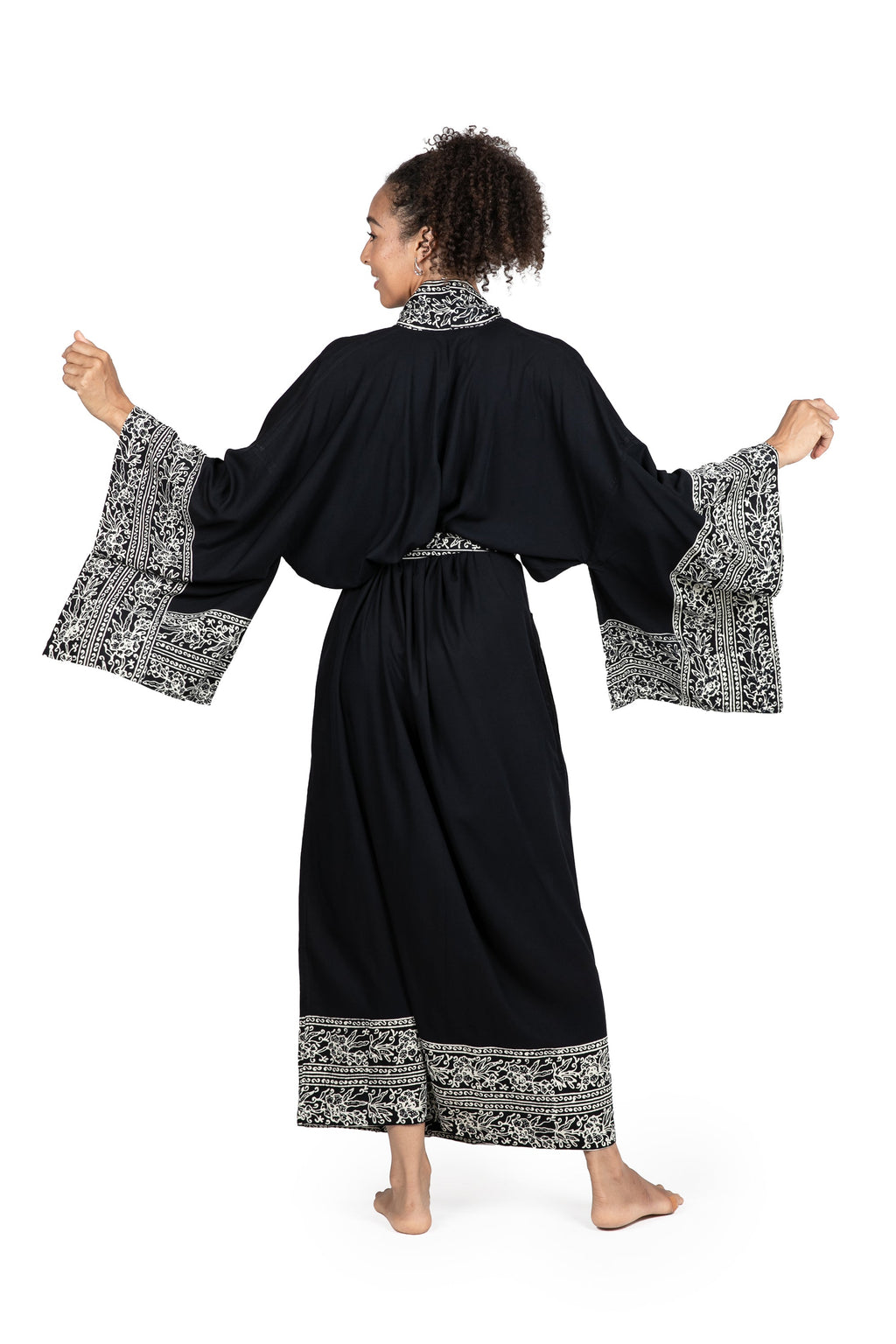 Indonesian Floral Patterned Black and Ivory Robe - Batik Midnight