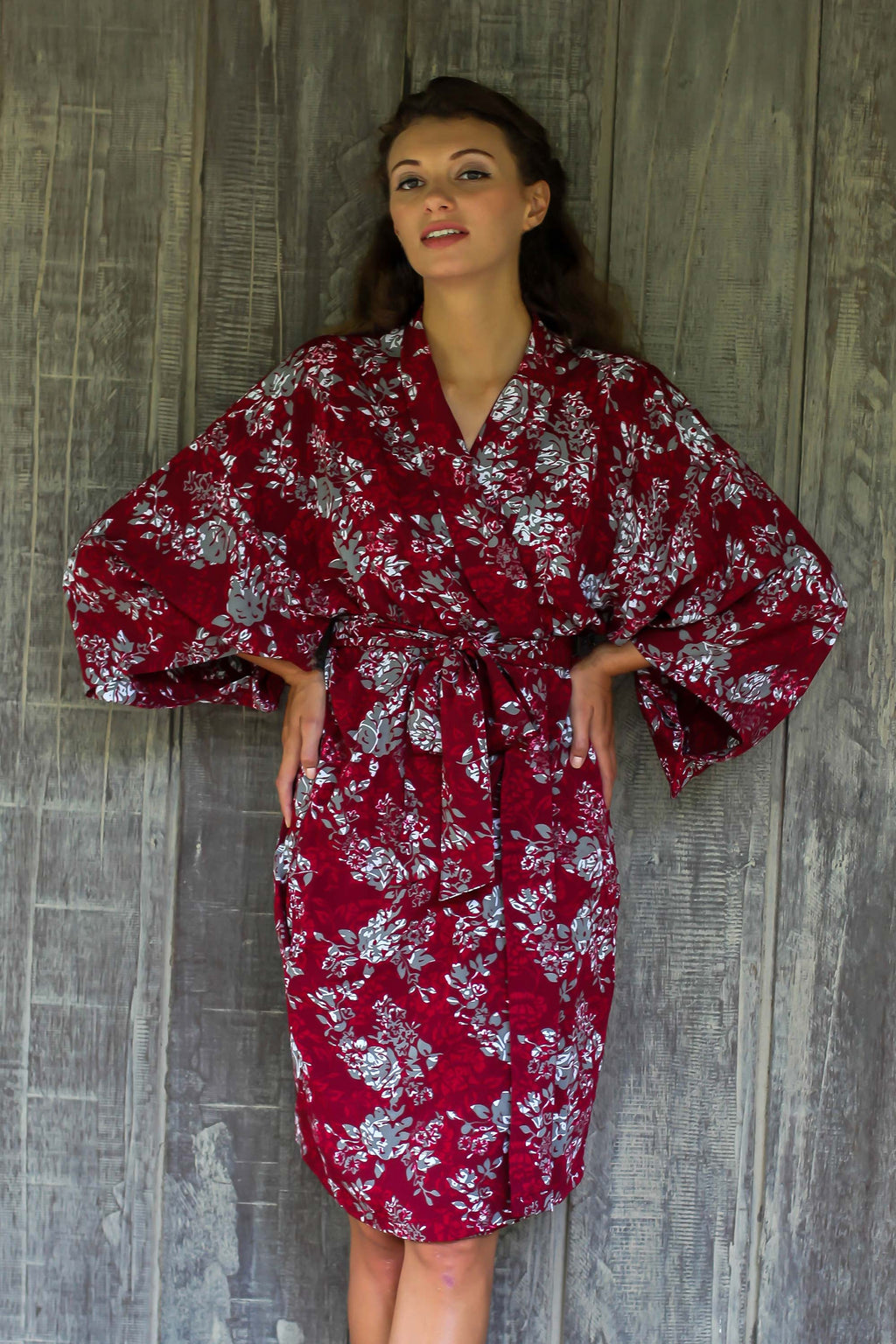 Grey Batik Bali Flowers on Claret Color Rayon Short Robe - Gorgeous in Claret