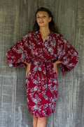 Grey Batik Bali Flowers on Claret Color Rayon Short Robe - Gorgeous in Claret