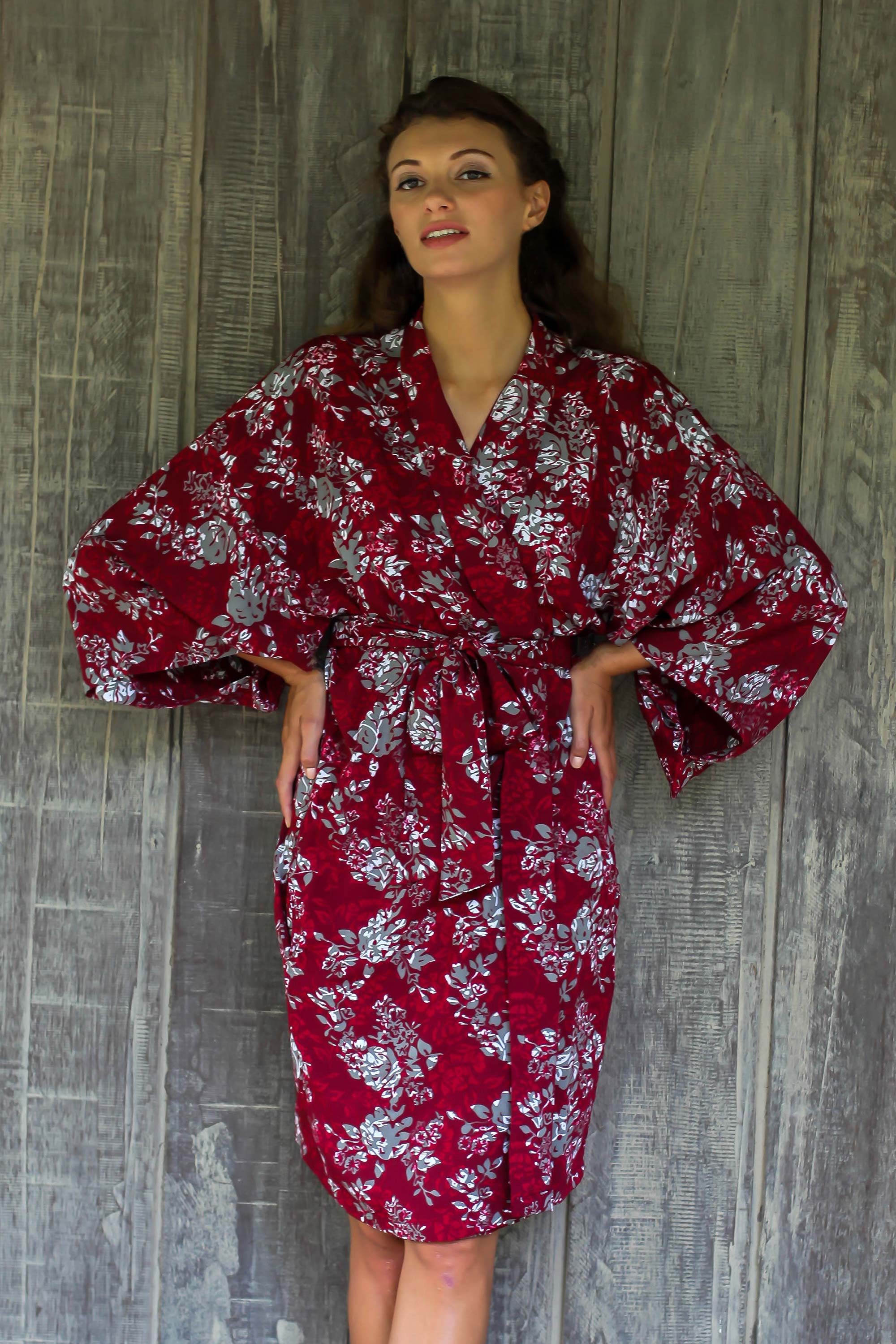 Grey Batik Bali Flowers on Claret Color Rayon Short Robe - Gorgeous in Claret