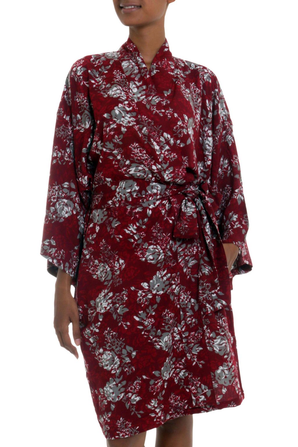 Grey Batik Bali Flowers on Claret Color Rayon Short Robe - Gorgeous in Claret