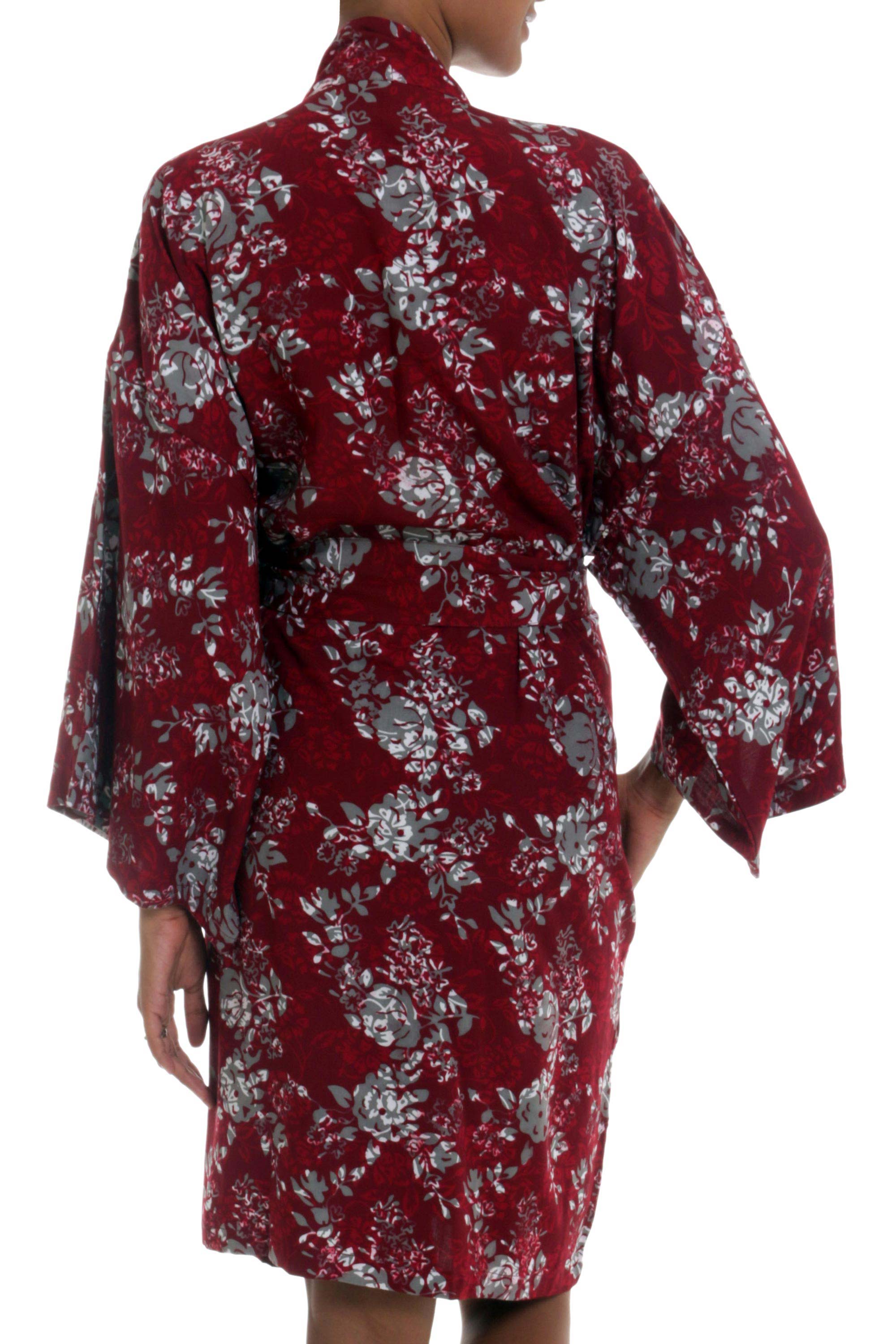 Grey Batik Bali Flowers on Claret Color Rayon Short Robe - Gorgeous in Claret