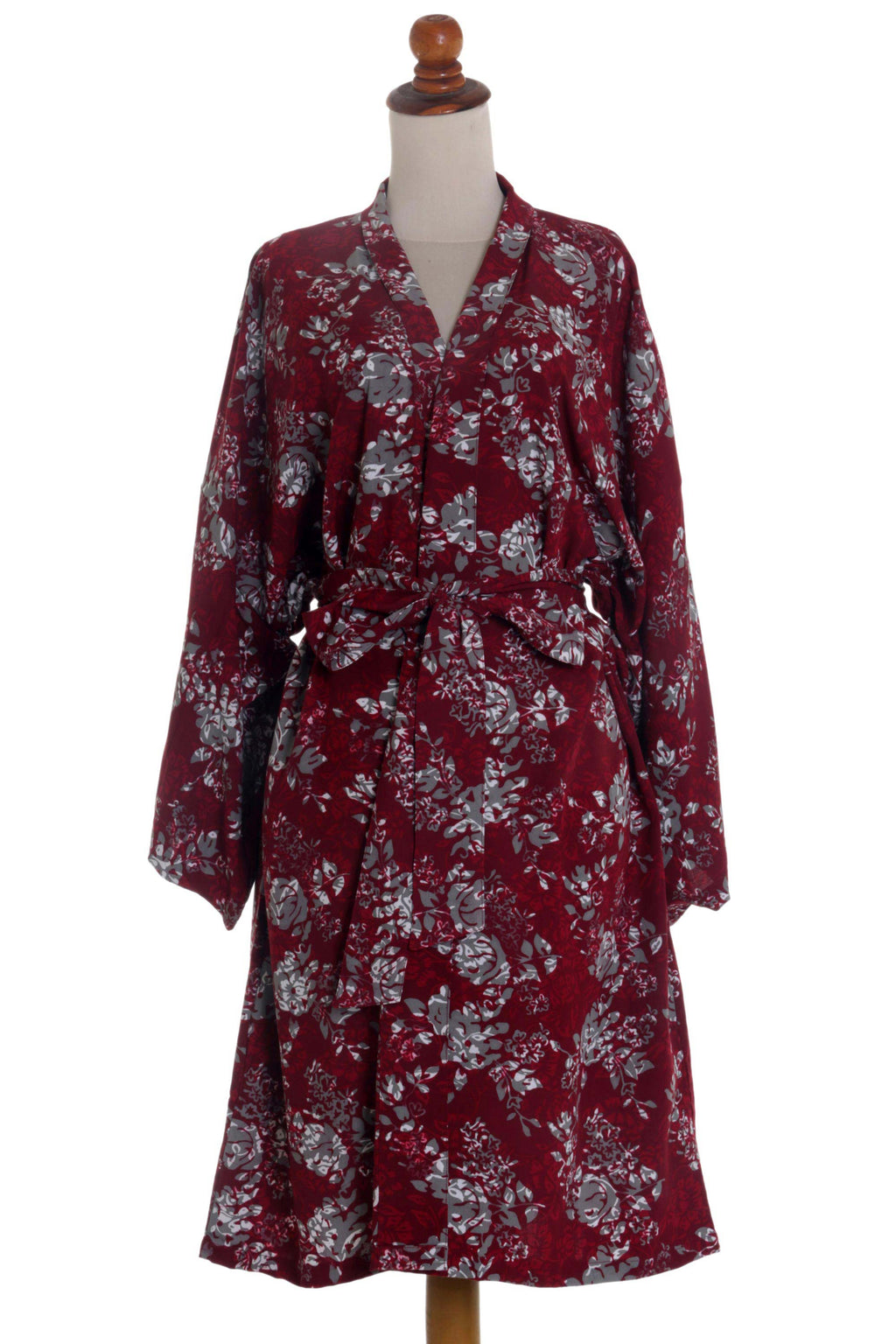 Grey Batik Bali Flowers on Claret Color Rayon Short Robe - Gorgeous in Claret