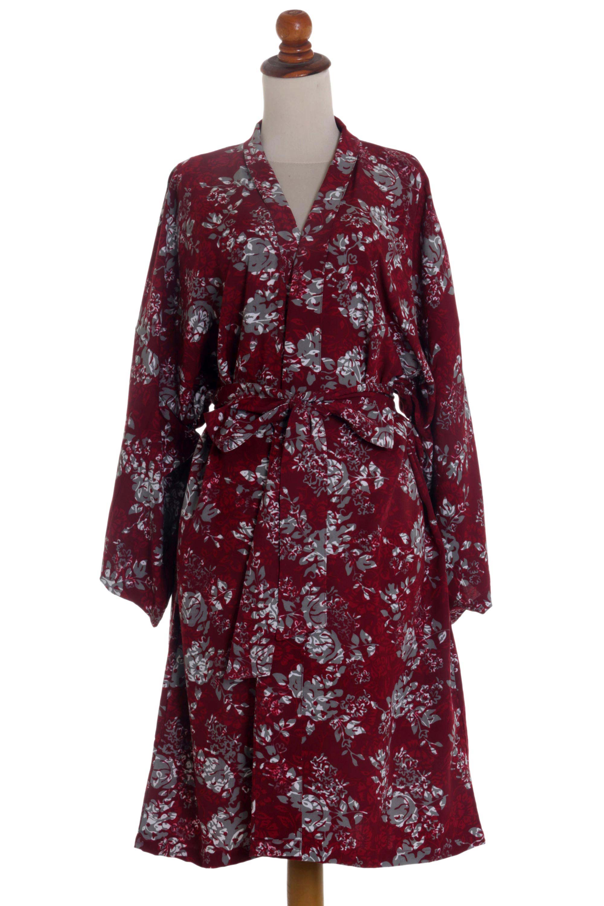 Grey Batik Bali Flowers on Claret Color Rayon Short Robe - Gorgeous in Claret