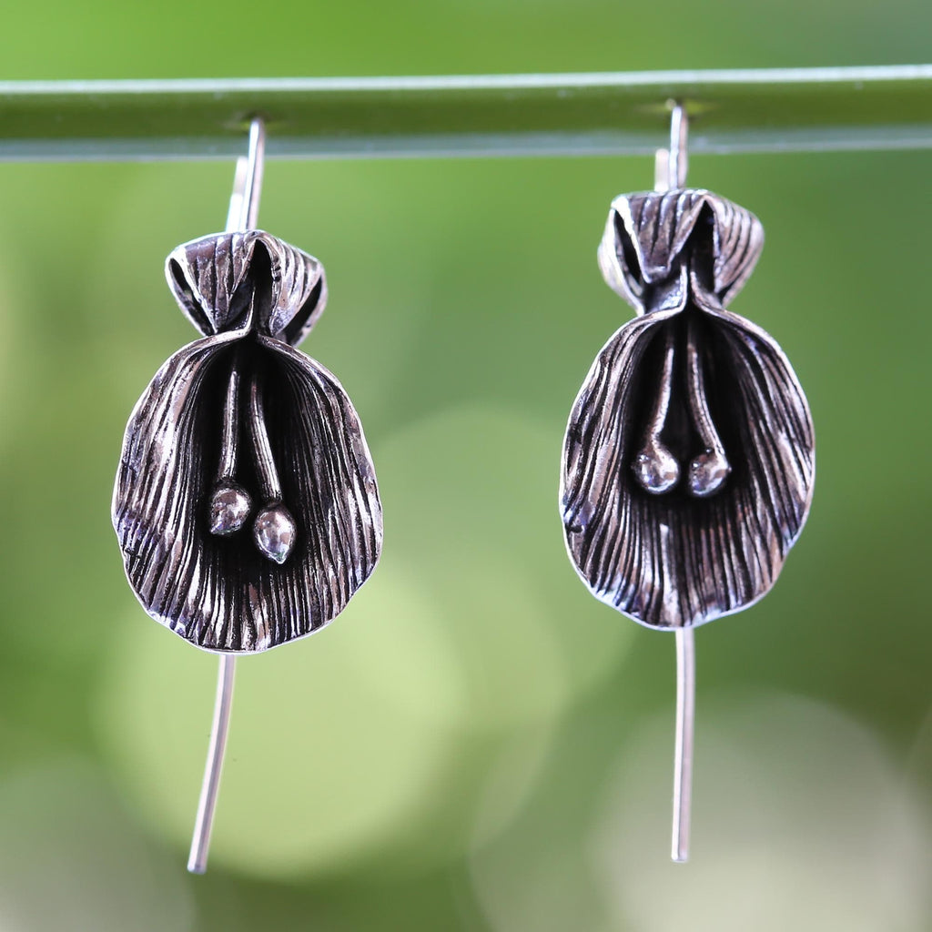 Antiqued Sterling Silver Artisan Crafted Flower Earrings - Butterfly Pea
