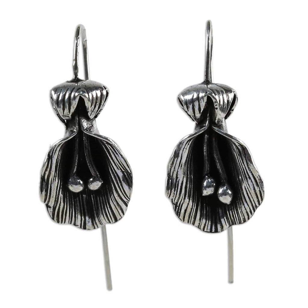 Antiqued Sterling Silver Artisan Crafted Flower Earrings - Butterfly Pea