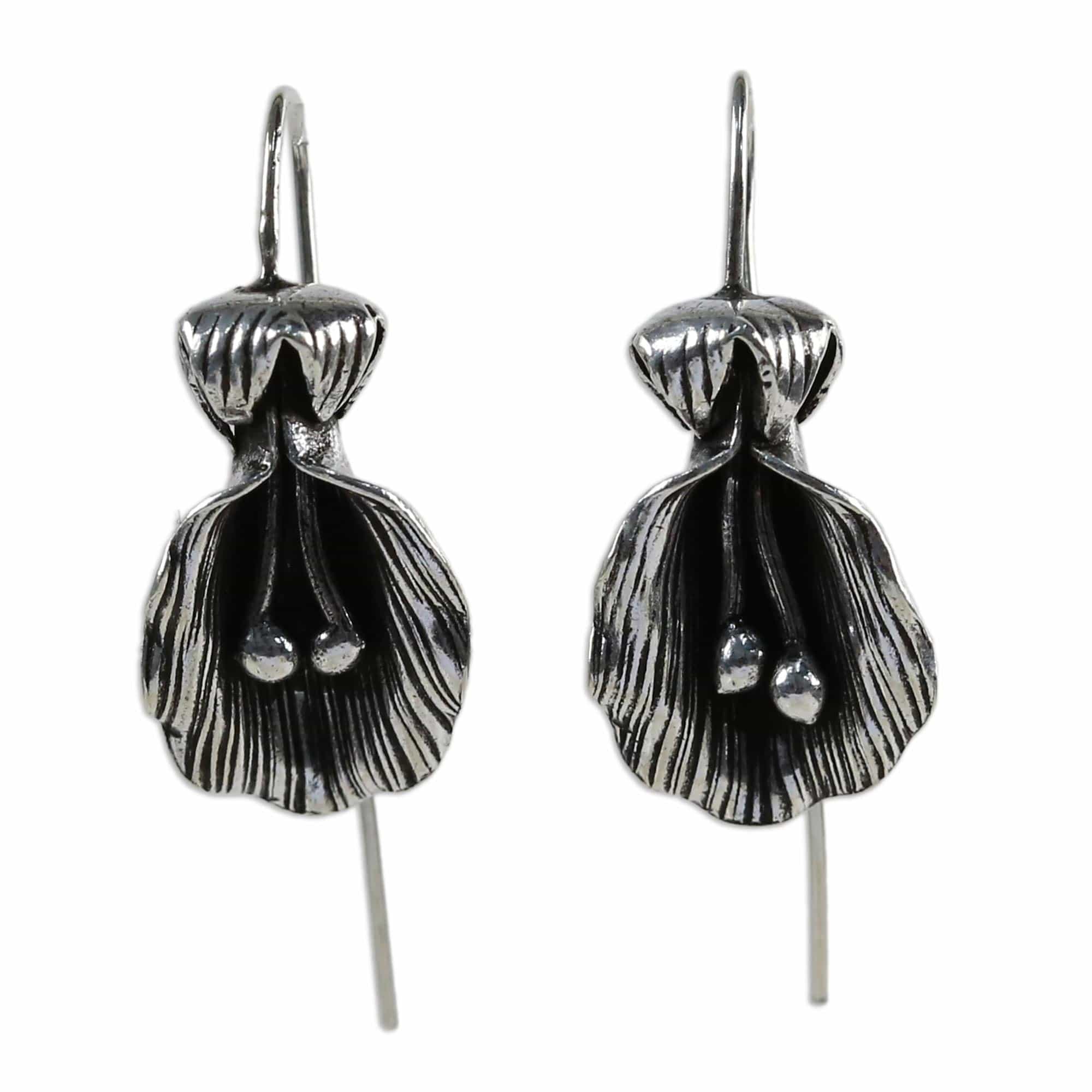 Antiqued Sterling Silver Artisan Crafted Flower Earrings - Butterfly Pea