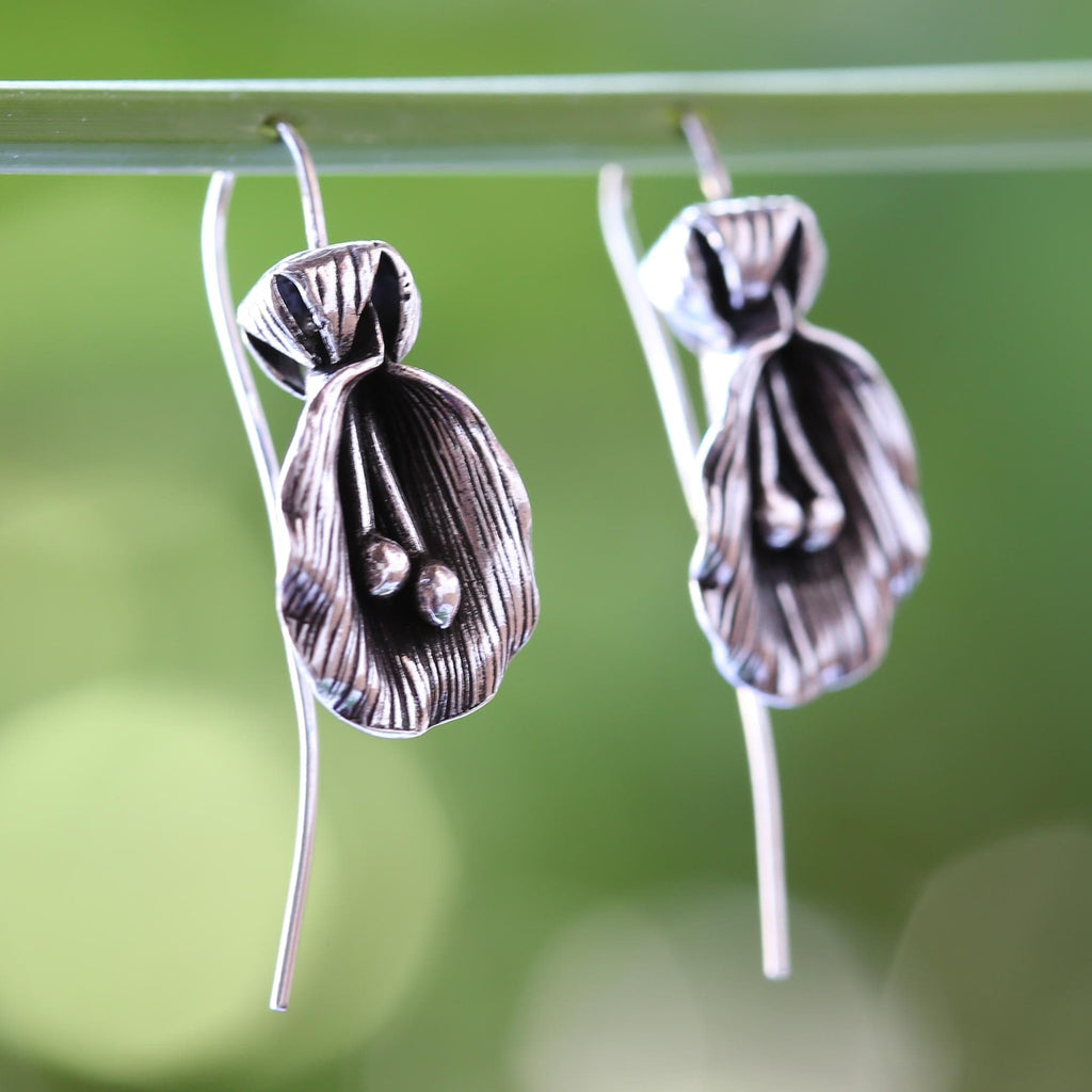 Antiqued Sterling Silver Artisan Crafted Flower Earrings - Butterfly Pea