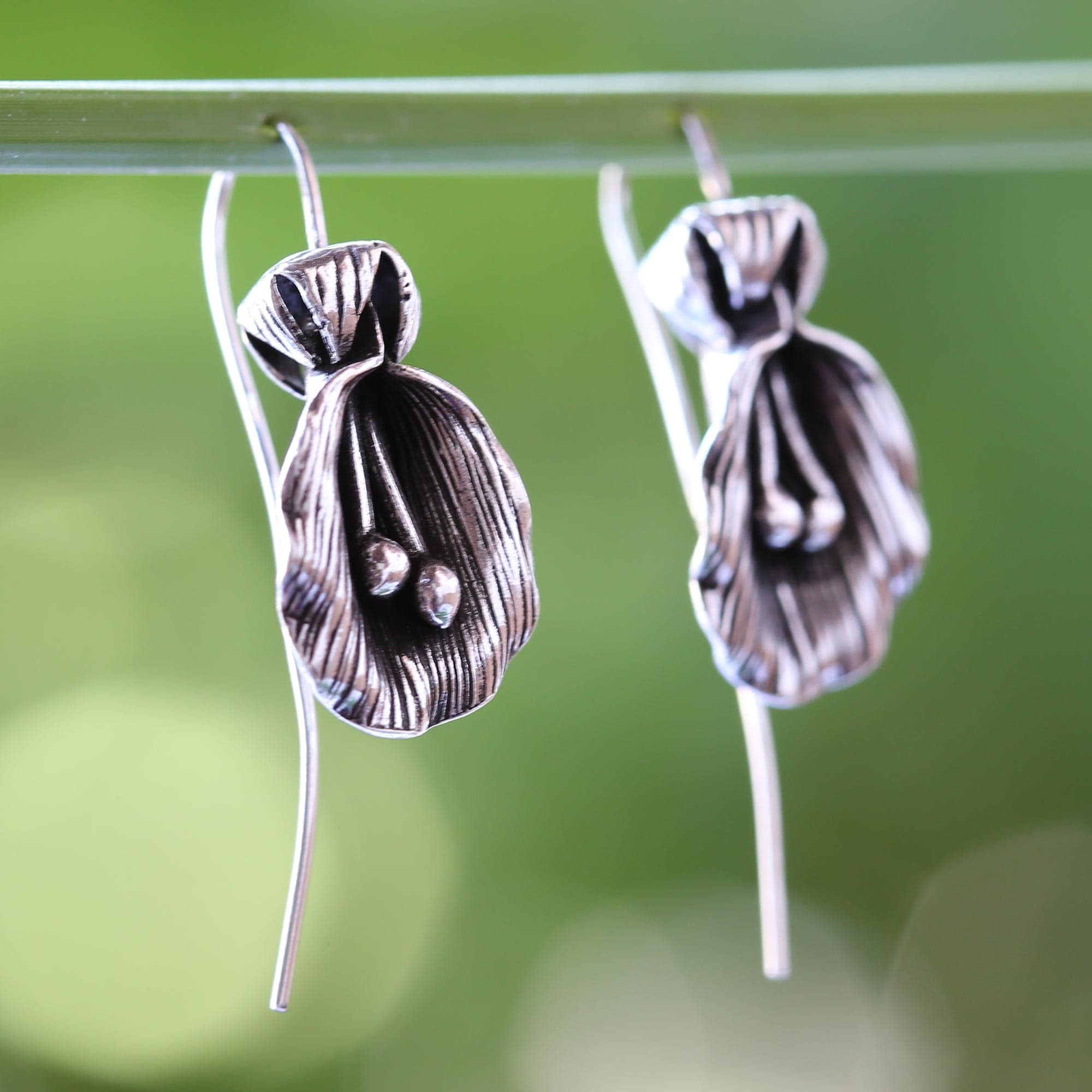 Antiqued Sterling Silver Artisan Crafted Flower Earrings - Butterfly Pea