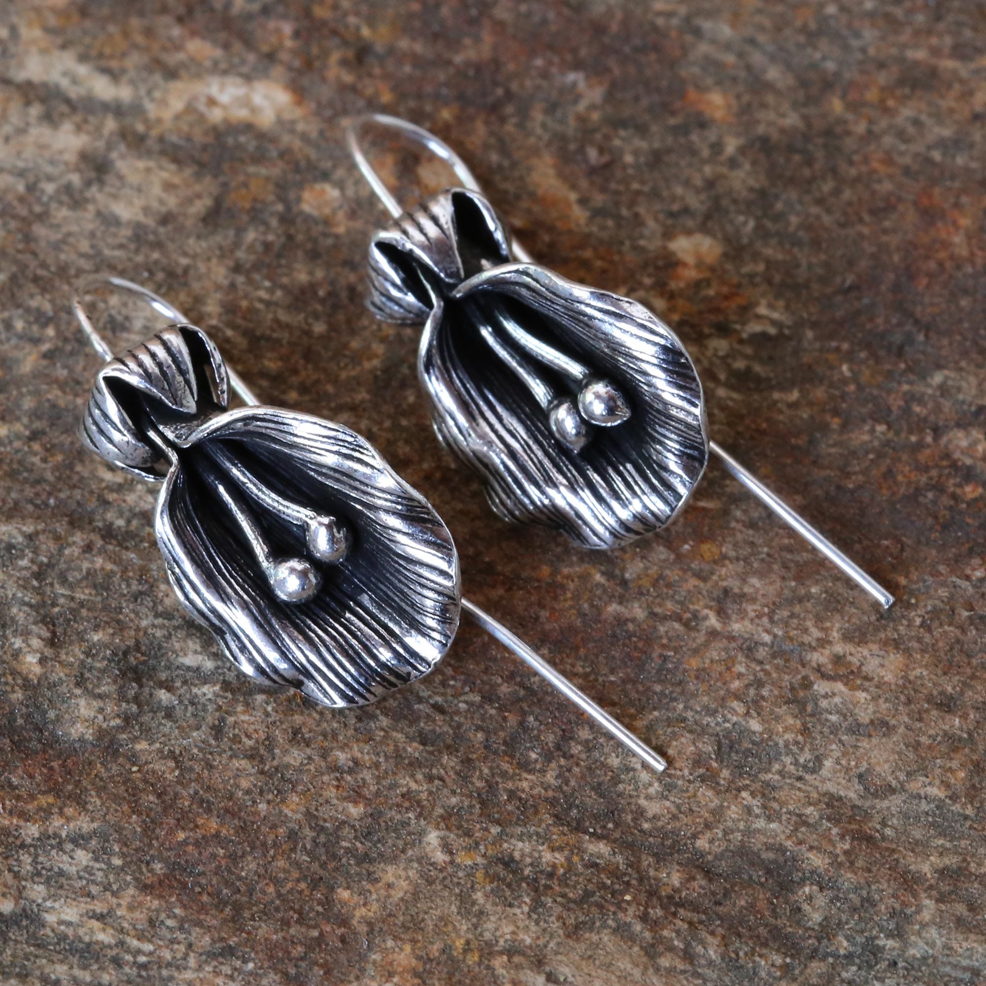 Antiqued Sterling Silver Artisan Crafted Flower Earrings - Butterfly Pea