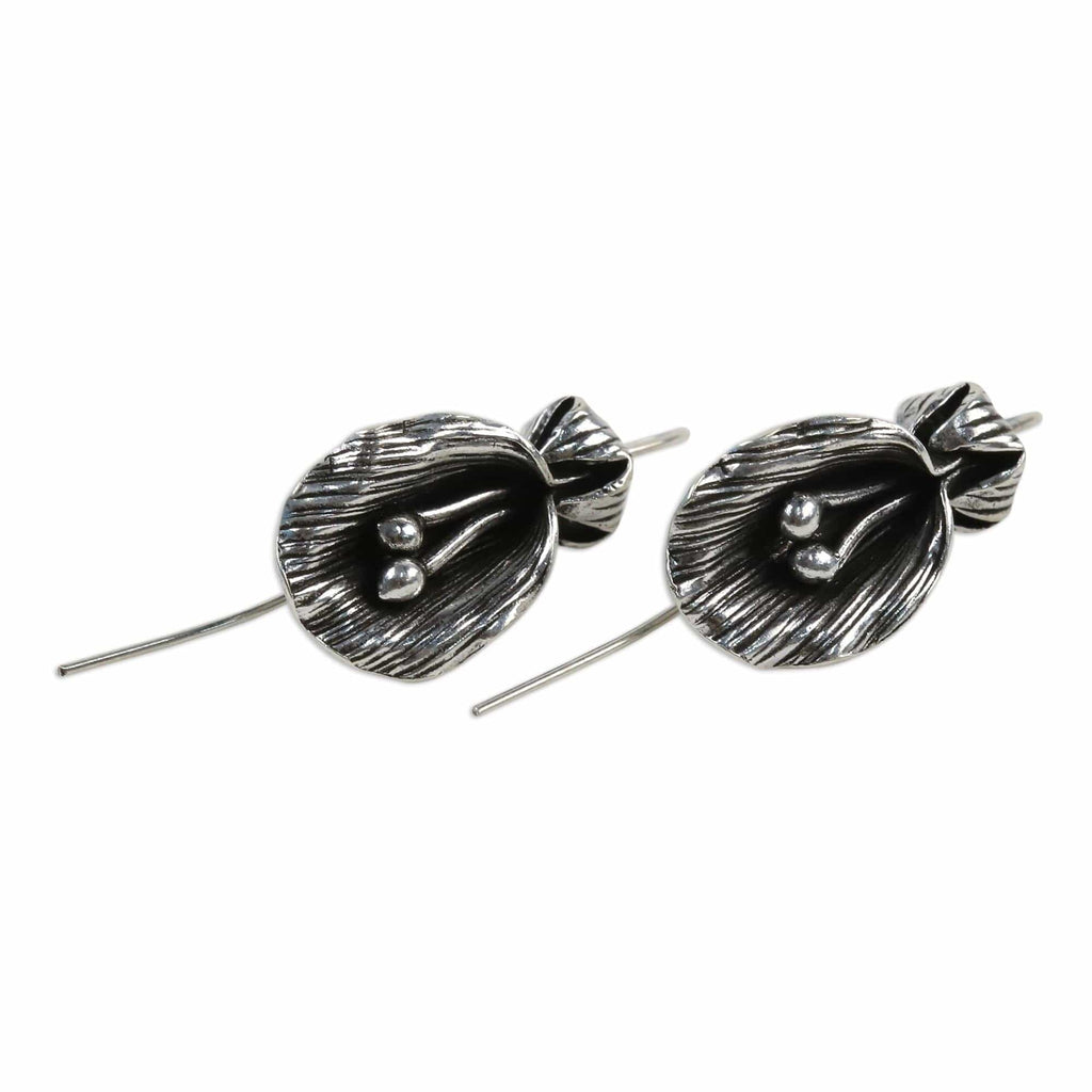 Antiqued Sterling Silver Artisan Crafted Flower Earrings - Butterfly Pea