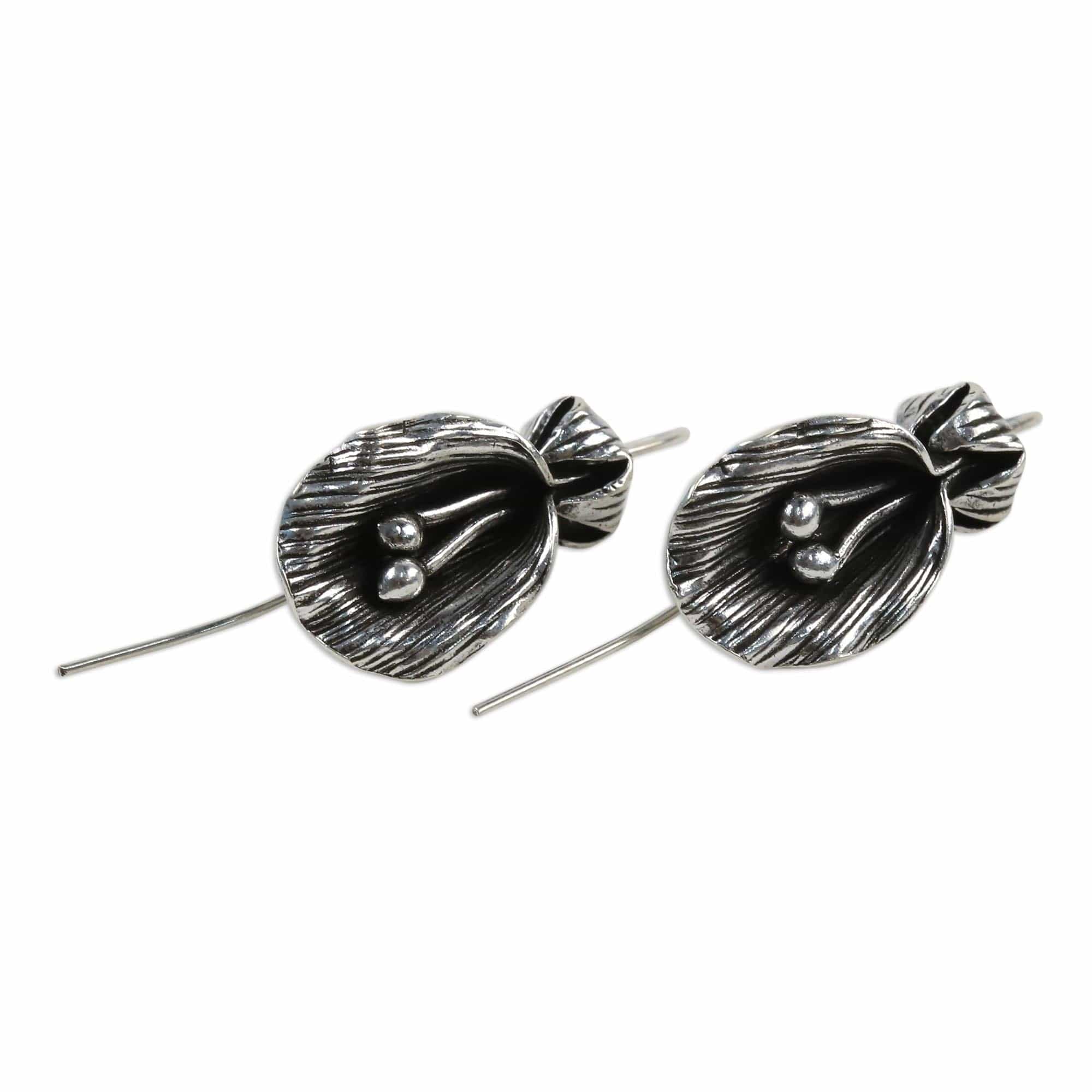 Antiqued Sterling Silver Artisan Crafted Flower Earrings - Butterfly Pea