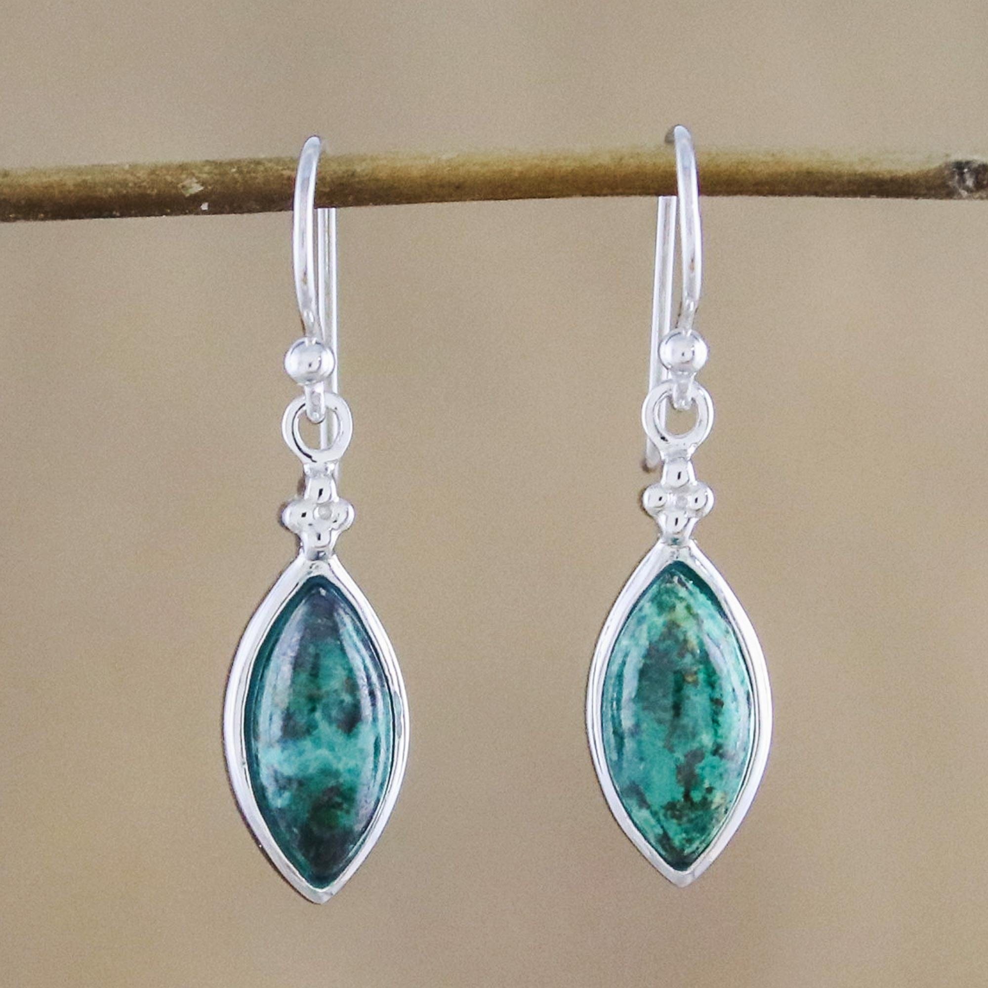 Rhodium Plated Chrysocolla Dangle Earrings from Thailand - Angel Dreams