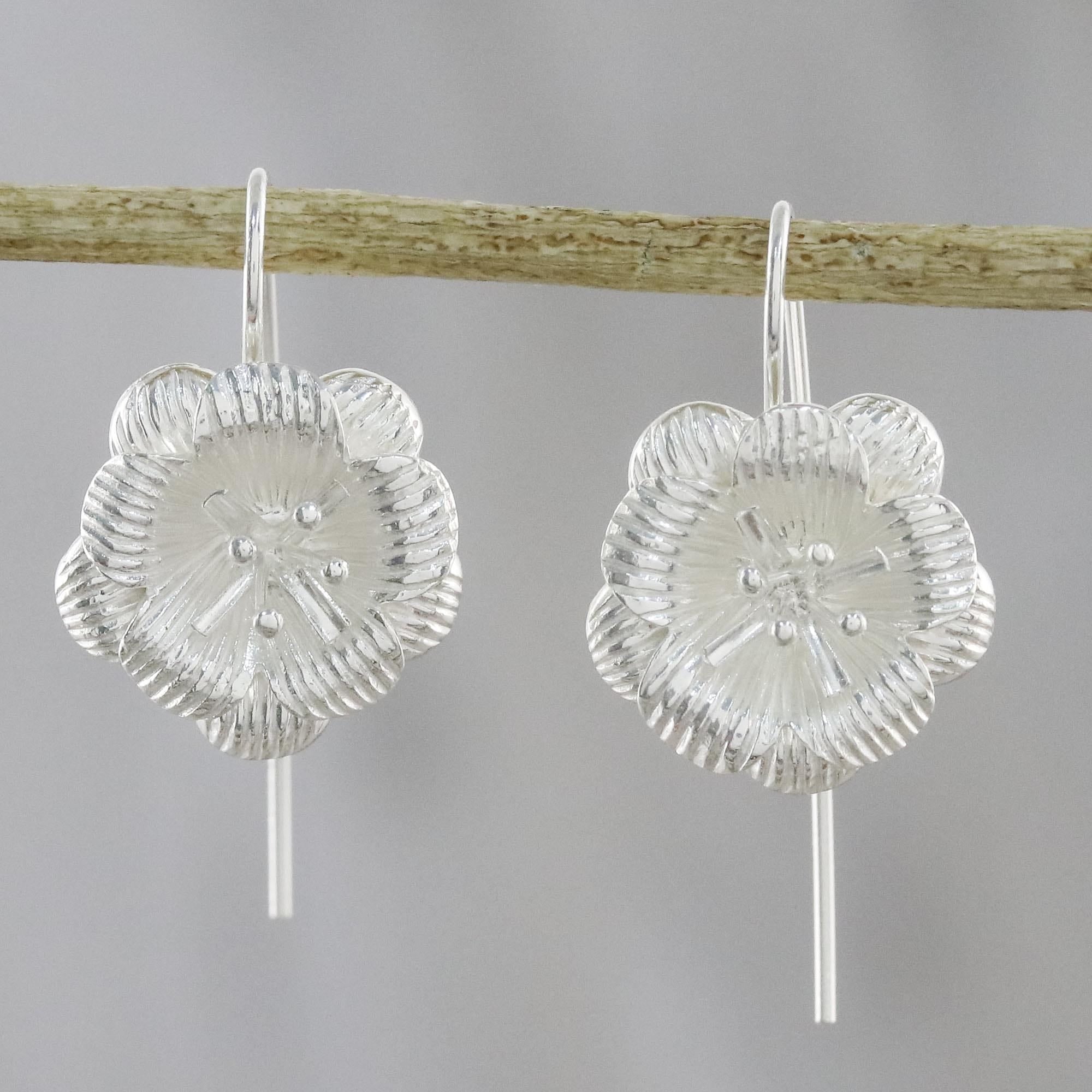 Floral Sterling Silver Drop Earrings from Thailand - Tasteful Blossoms