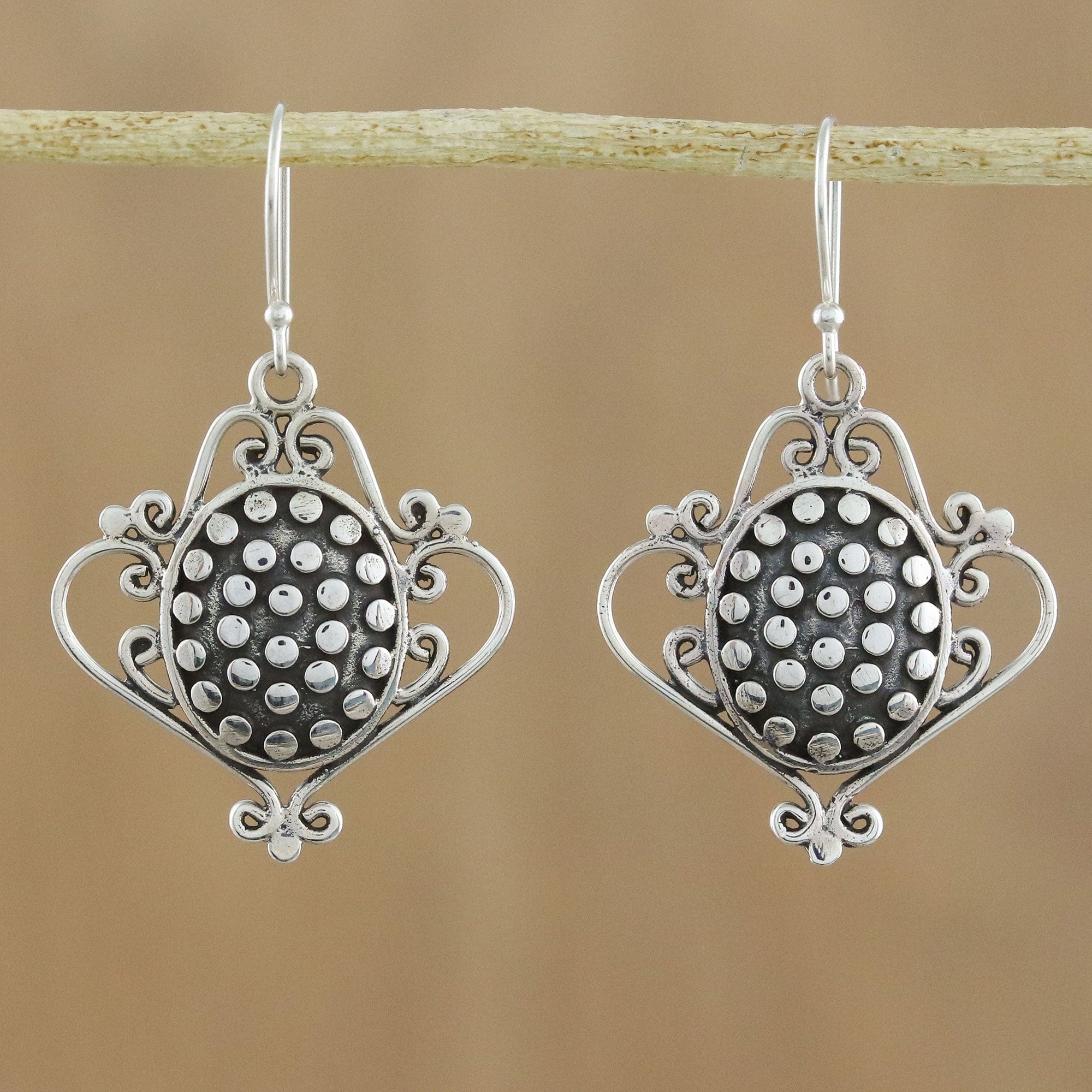 Sterling Silver Scrollwork and Oval with Dot Motif Earrings - Ladies' Tea