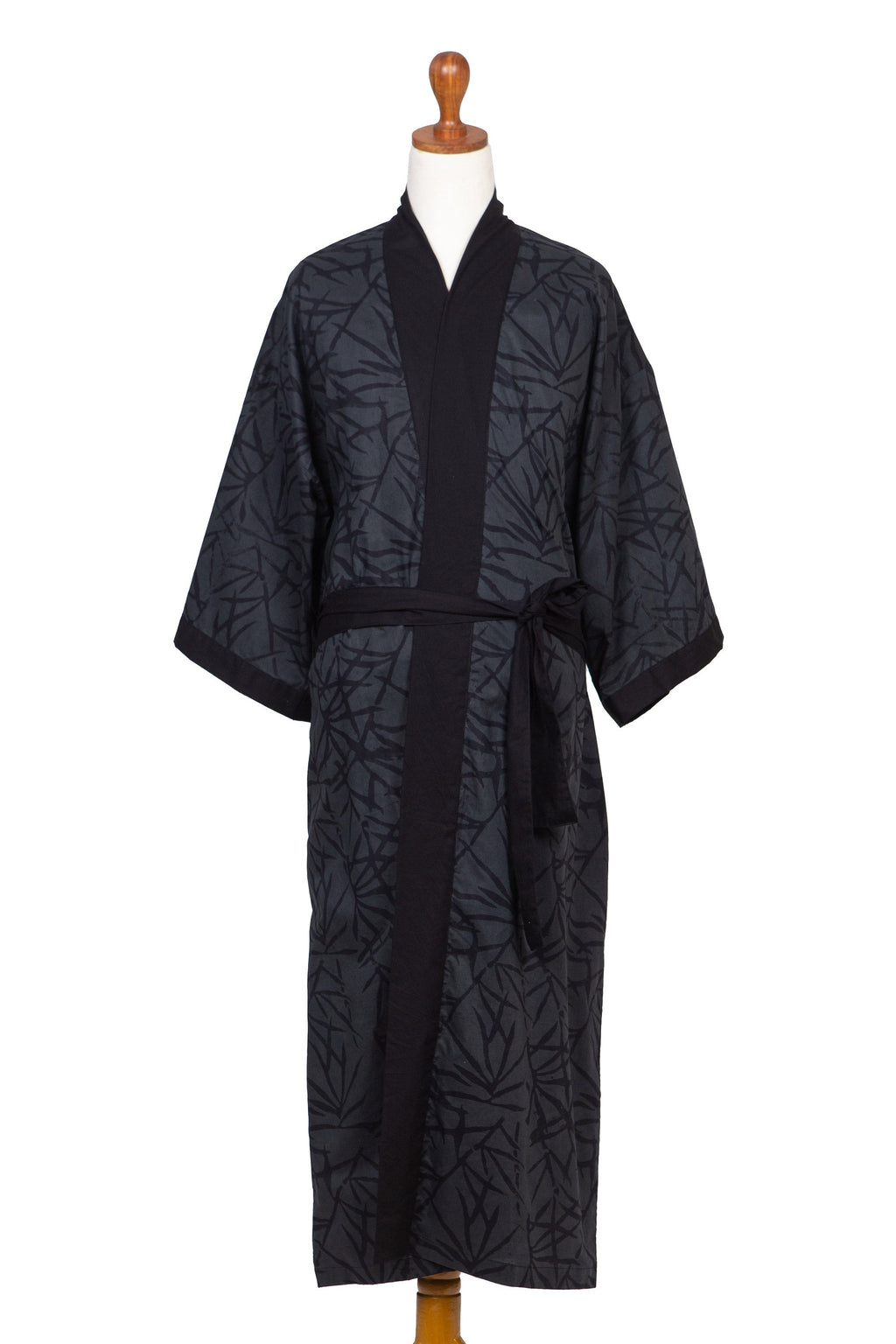 Bamboo Motif Cotton Robe in Grey from Bali - Night Bamboo