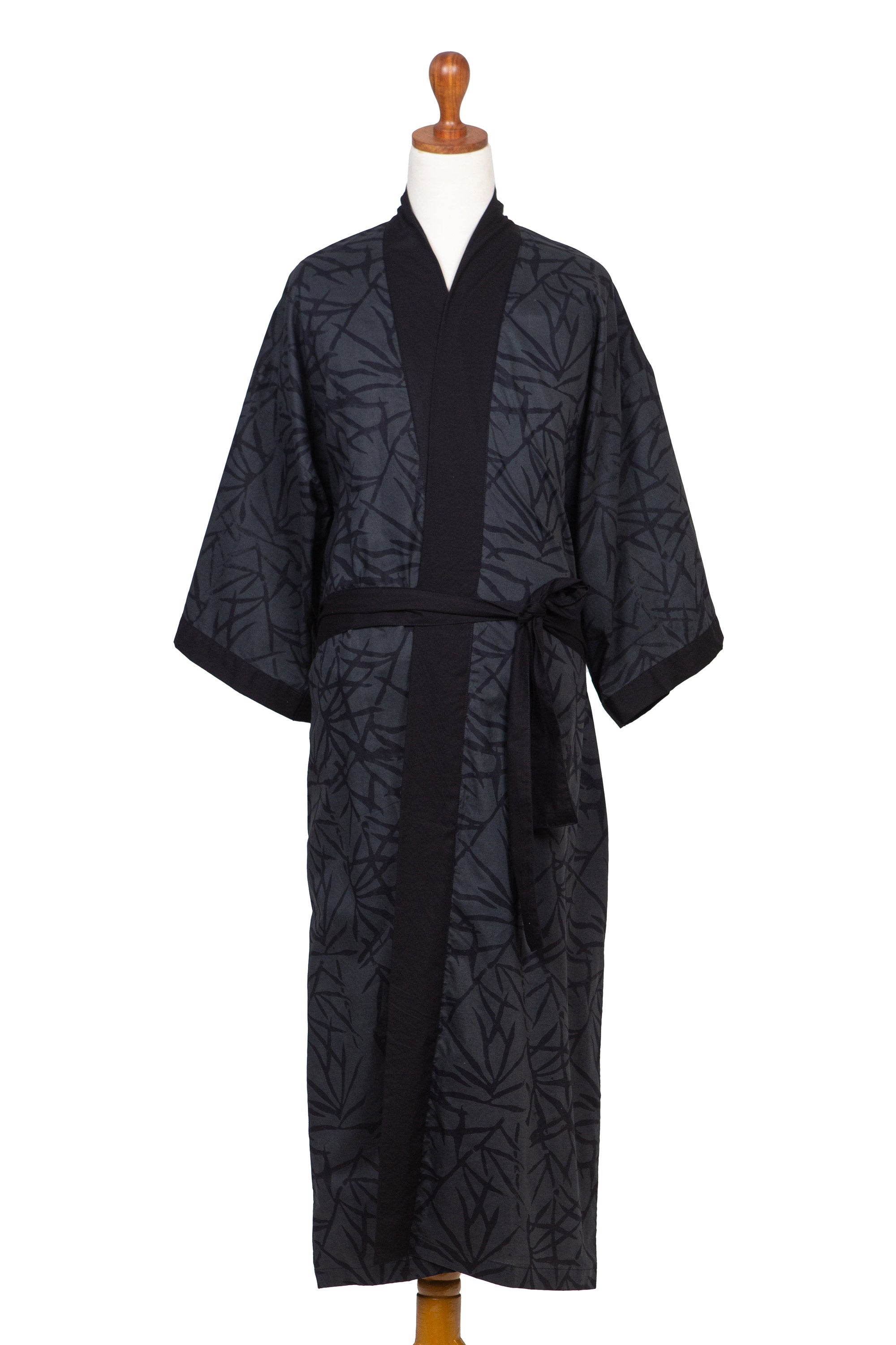Bamboo Motif Cotton Robe in Grey from Bali - Night Bamboo