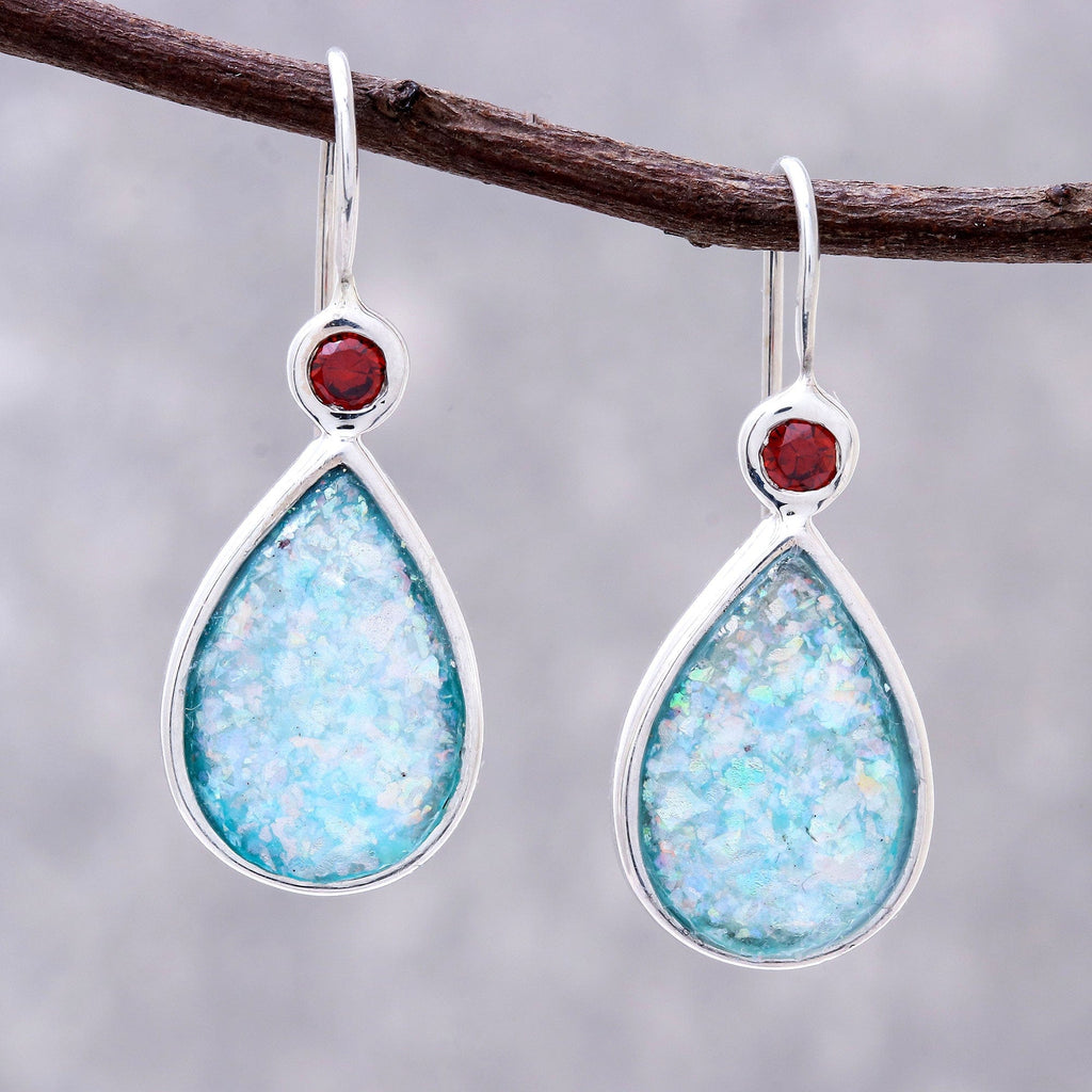 Drop-Shaped Garnet and Roman Glass Drop Earrings - Roman Glitter
