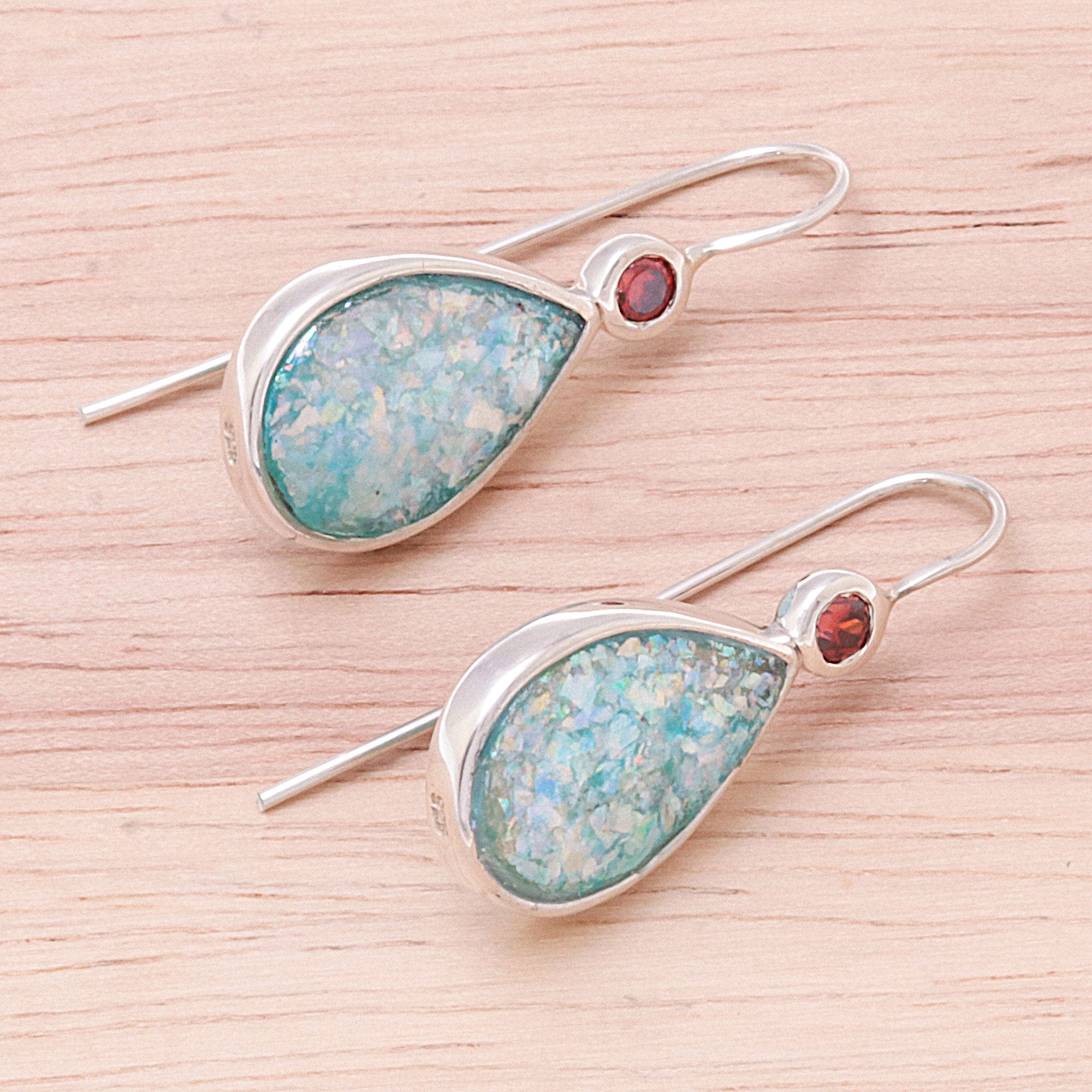 Drop-Shaped Garnet and Roman Glass Drop Earrings - Roman Glitter