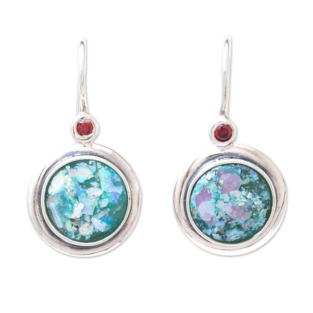Round Garnet and Roman Glass Drop Earrings from Thailand - Roman Circles