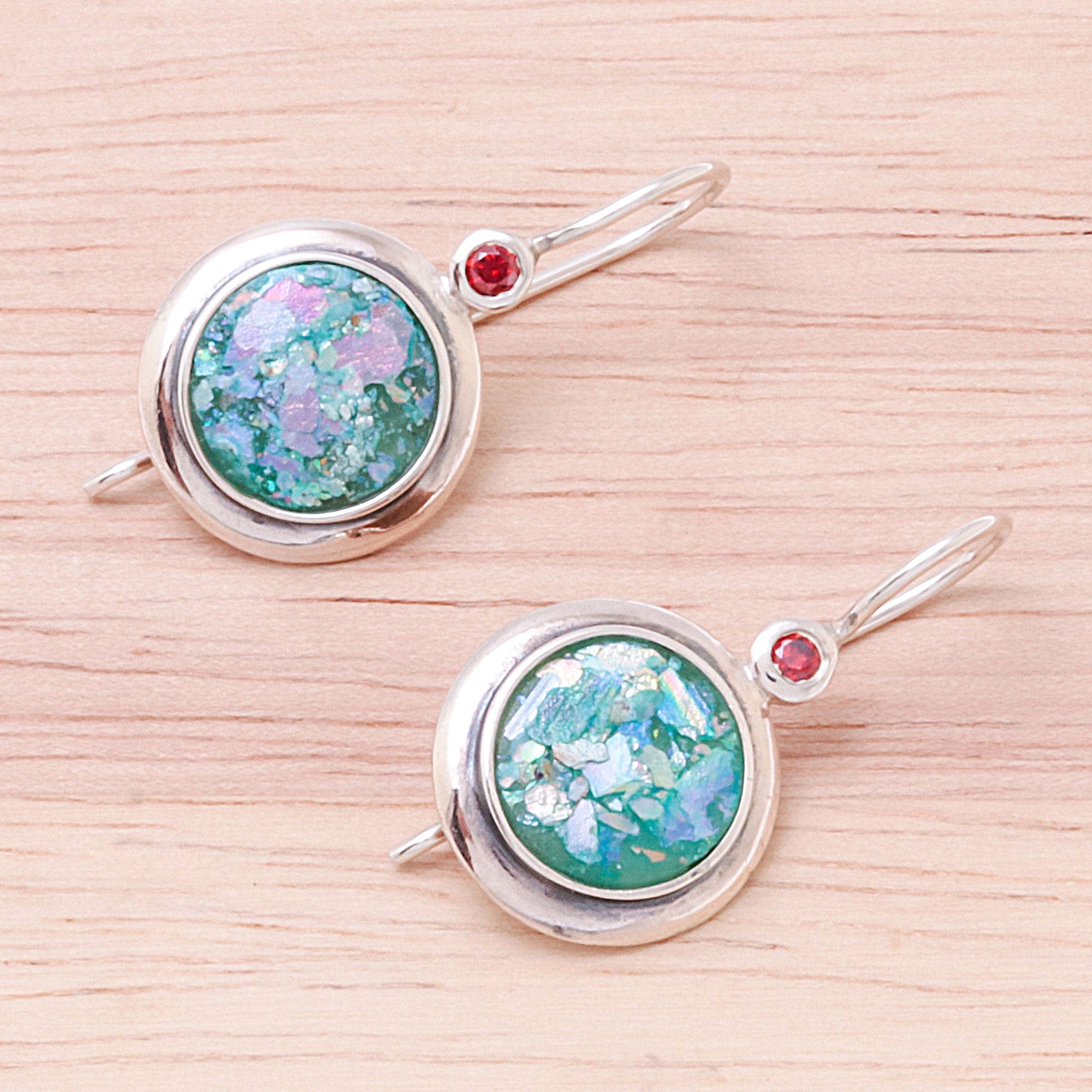 Round Garnet and Roman Glass Drop Earrings from Thailand - Roman Circles
