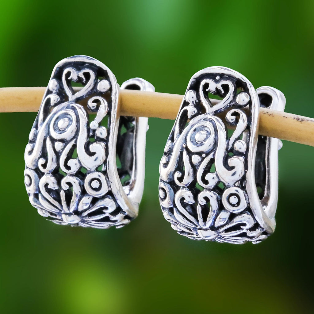 Floral Sterling Silver Hoop Earrings from Thailand - Vintage Garden