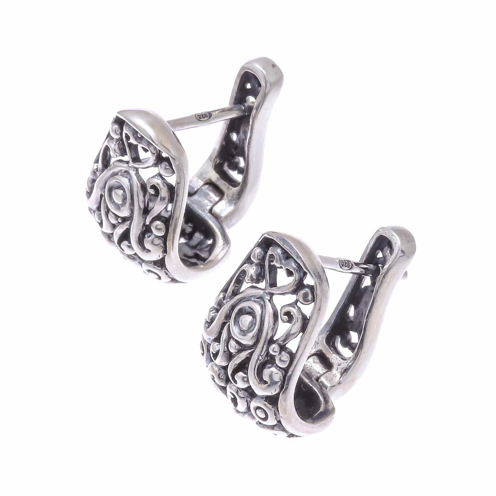 Floral Sterling Silver Hoop Earrings from Thailand - Vintage Garden