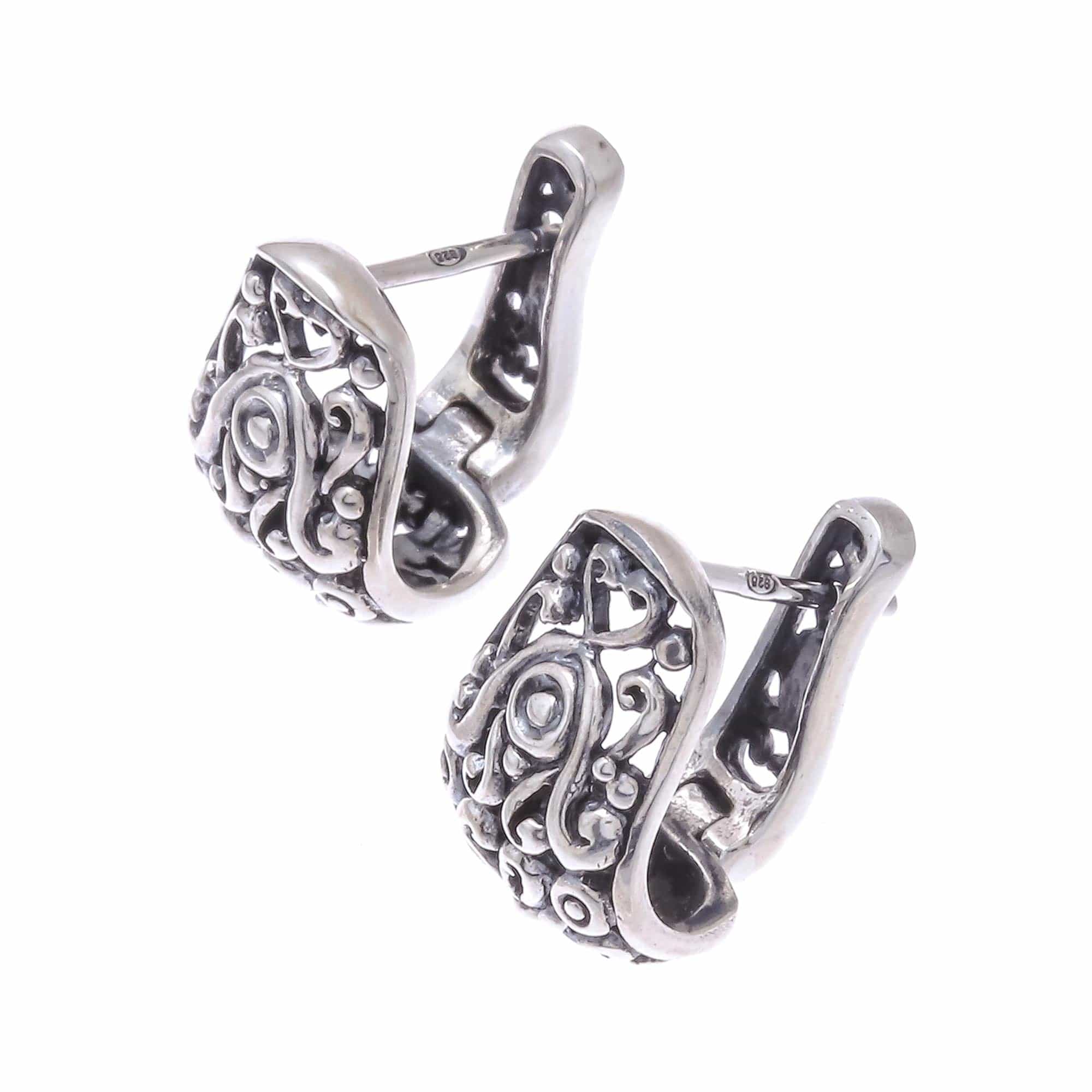 Floral Sterling Silver Hoop Earrings from Thailand - Vintage Garden
