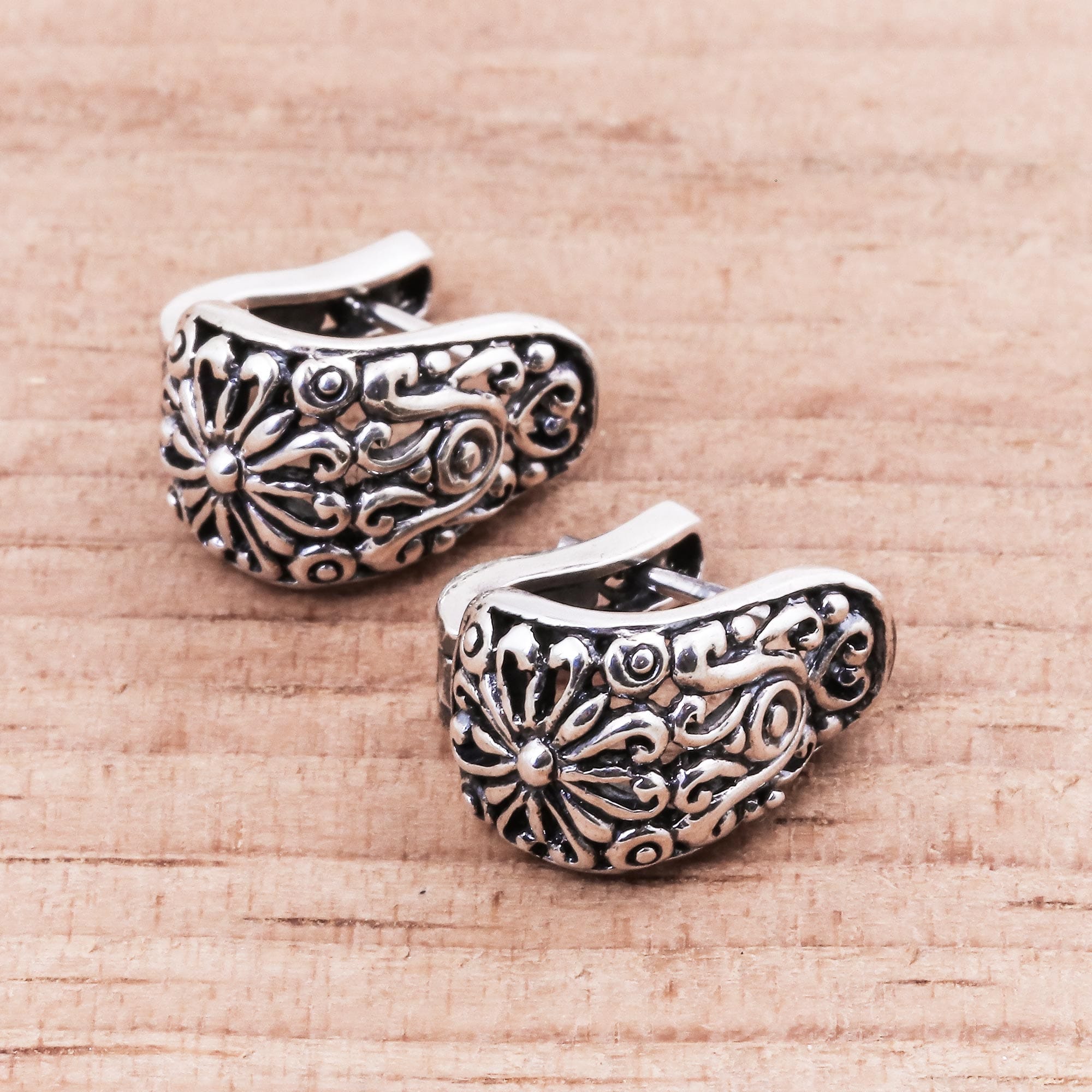 Floral Sterling Silver Hoop Earrings from Thailand - Vintage Garden
