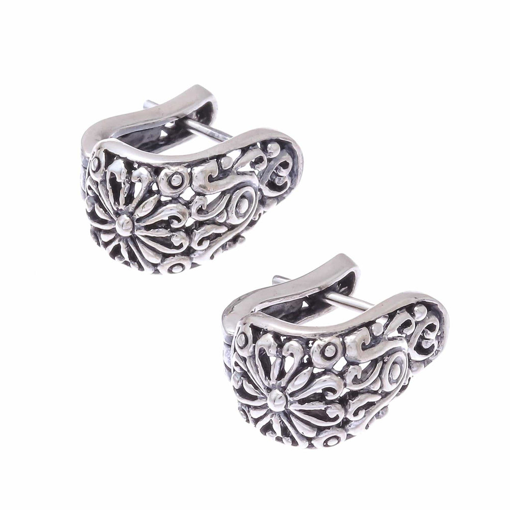 Floral Sterling Silver Hoop Earrings from Thailand - Vintage Garden