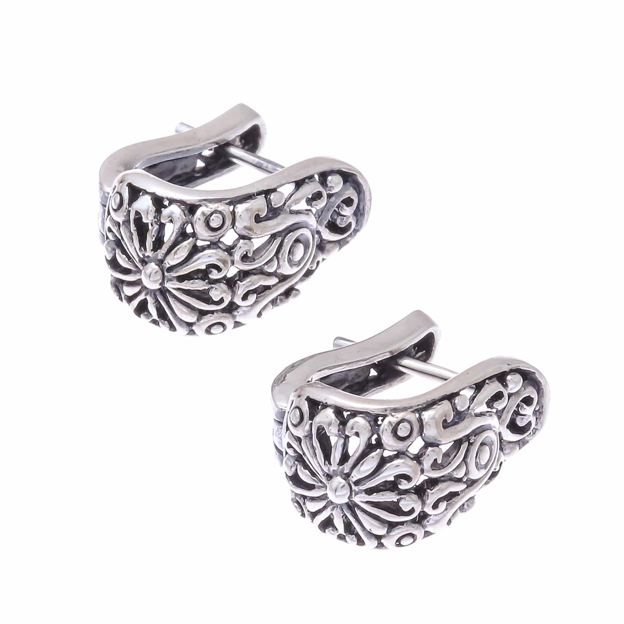 Floral Sterling Silver Hoop Earrings from Thailand - Vintage Garden
