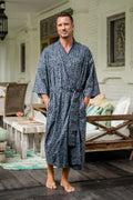 Men's Batik Belted Cotton Robe - Blue Midnight