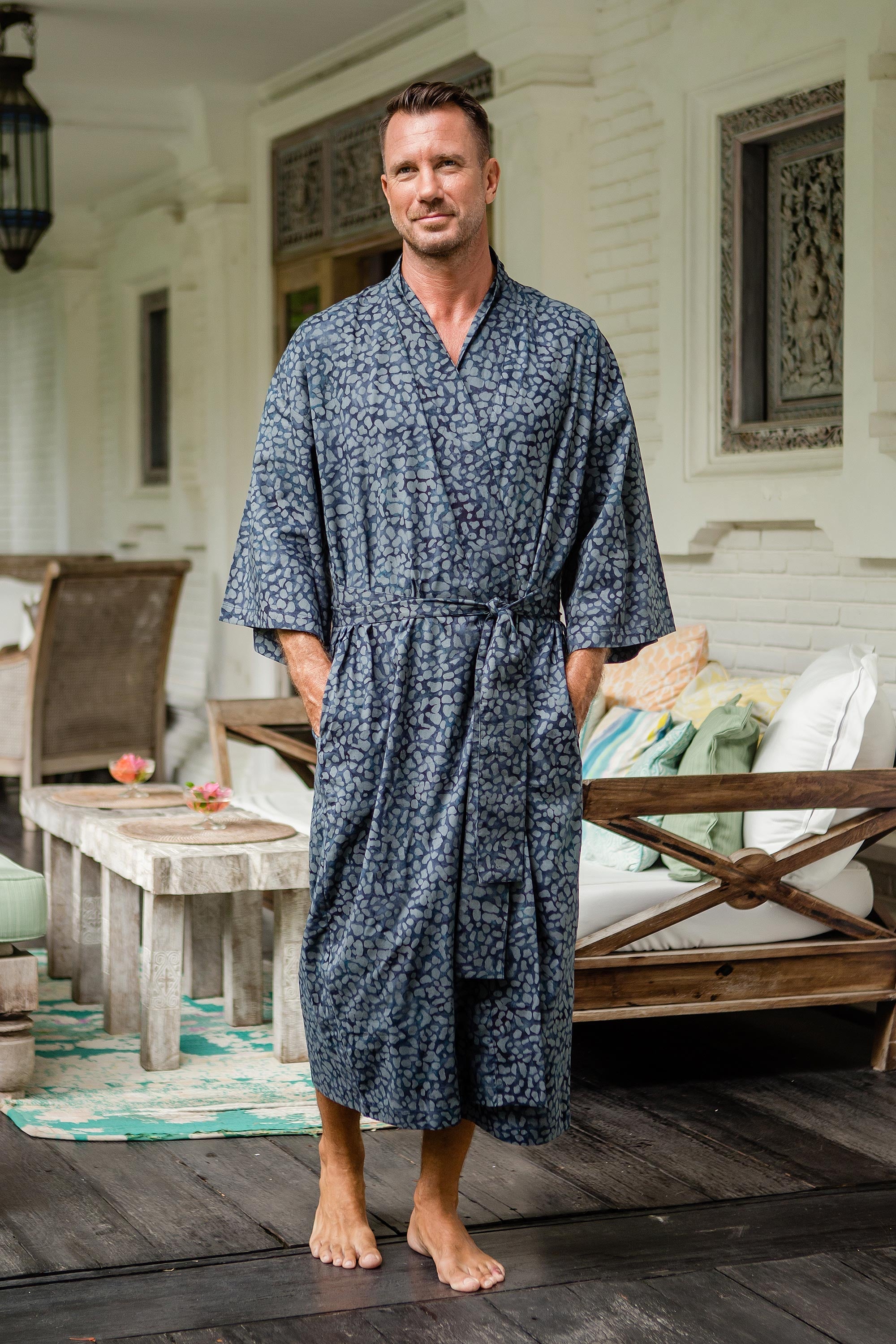 Men's Batik Belted Cotton Robe - Blue Midnight