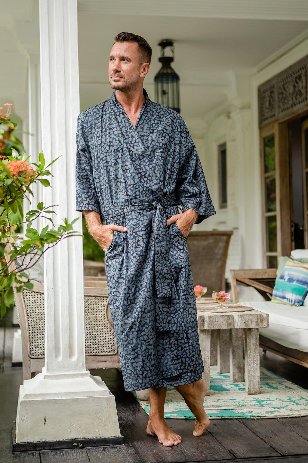 Men's Batik Belted Cotton Robe - Blue Midnight