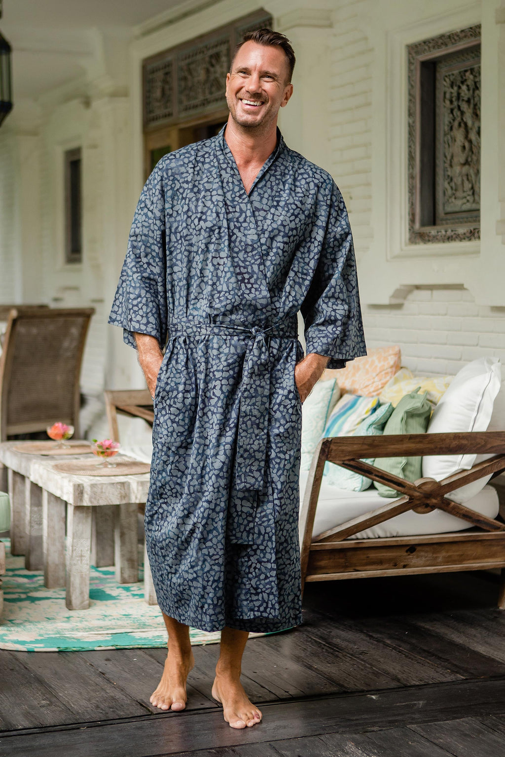 Men's Batik Belted Cotton Robe - Blue Midnight