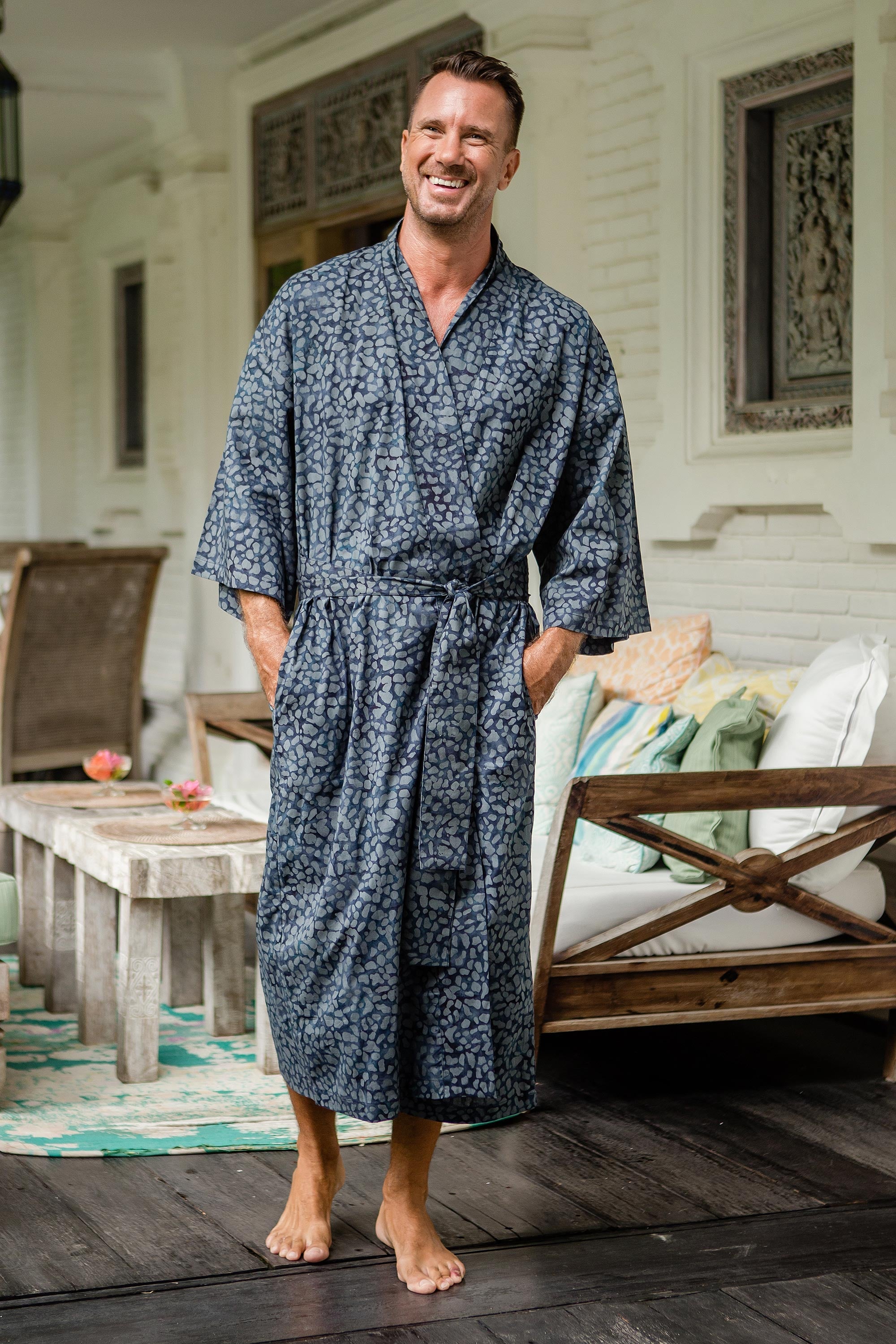 Men's Batik Belted Cotton Robe - Blue Midnight