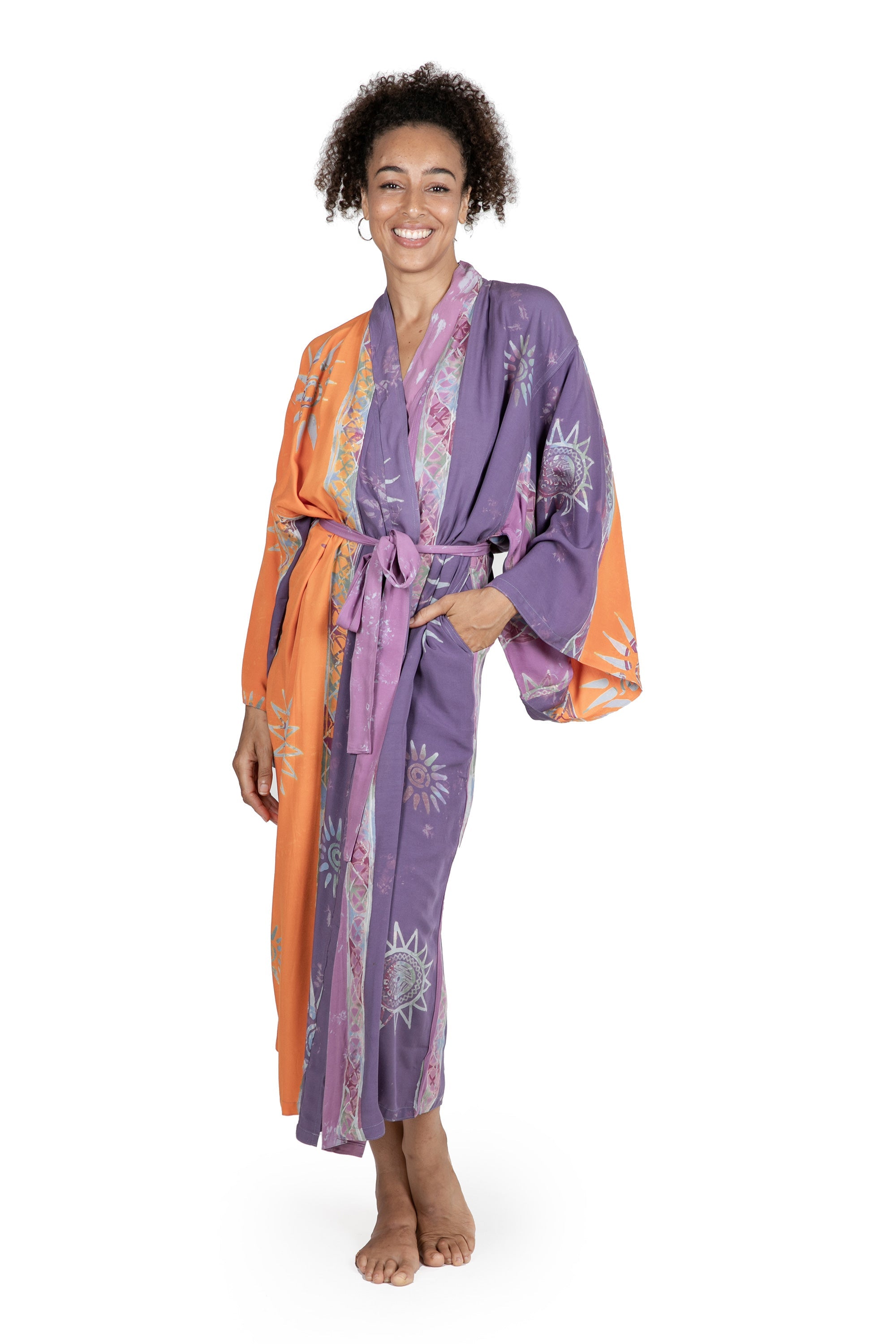 Hand-Stamped Batik Robe with Chakra Motif - Dusky Sunrise