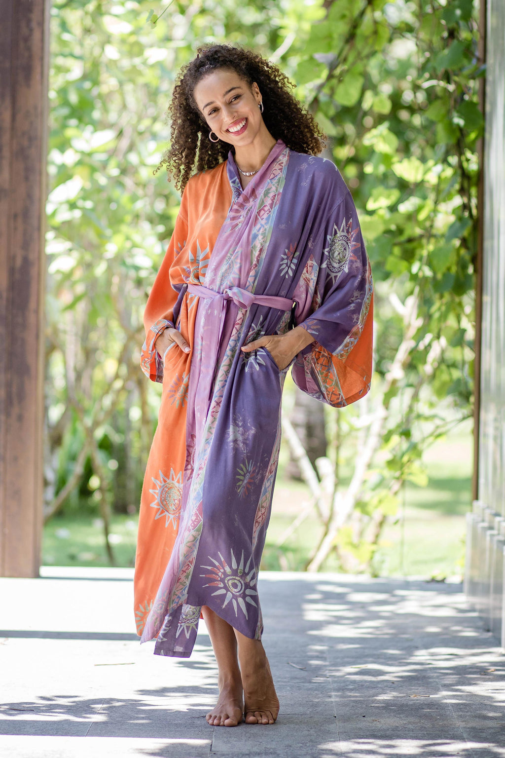 Hand-Stamped Batik Robe with Chakra Motif - Dusky Sunrise