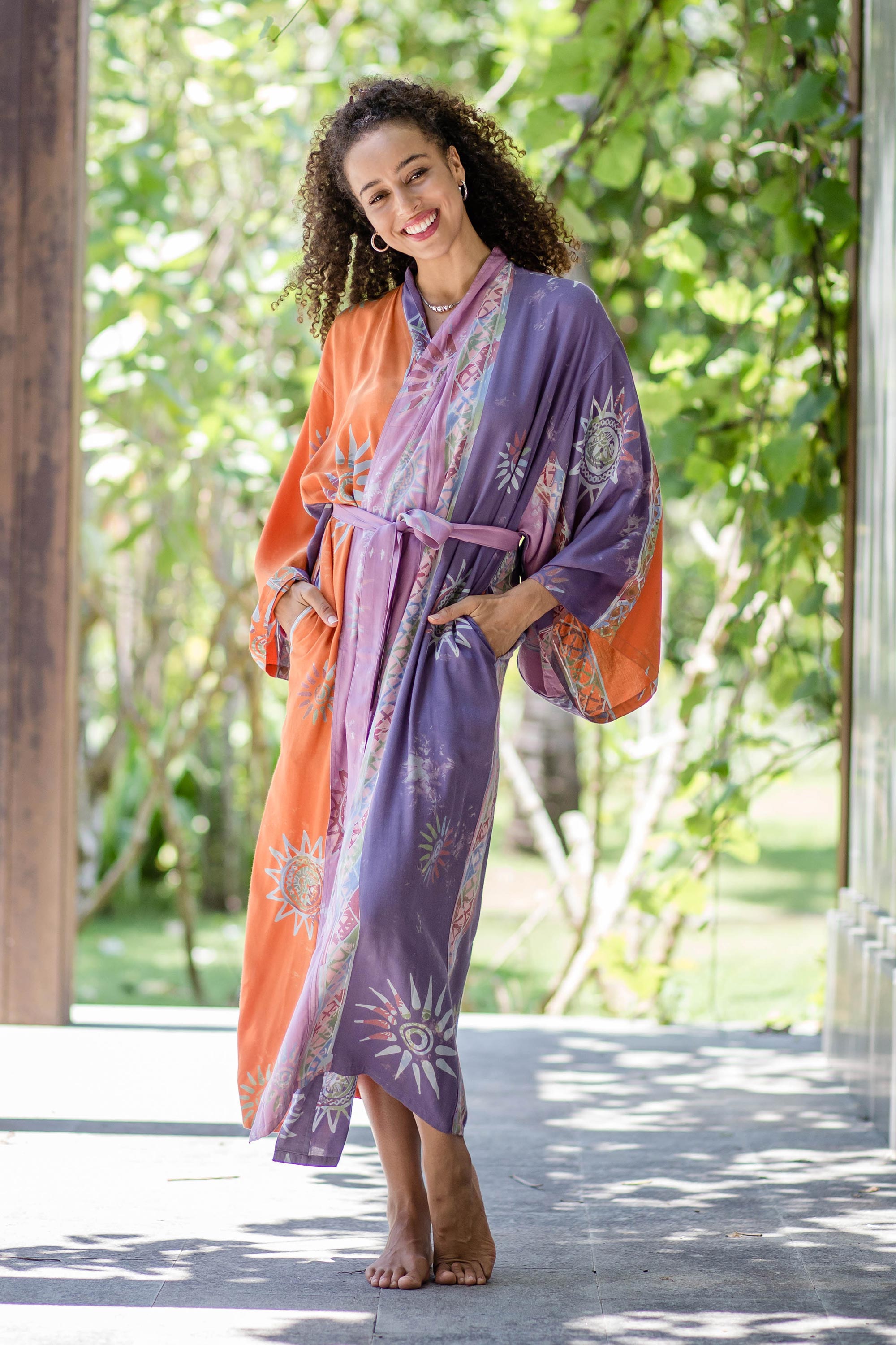 Hand-Stamped Batik Robe with Chakra Motif - Dusky Sunrise